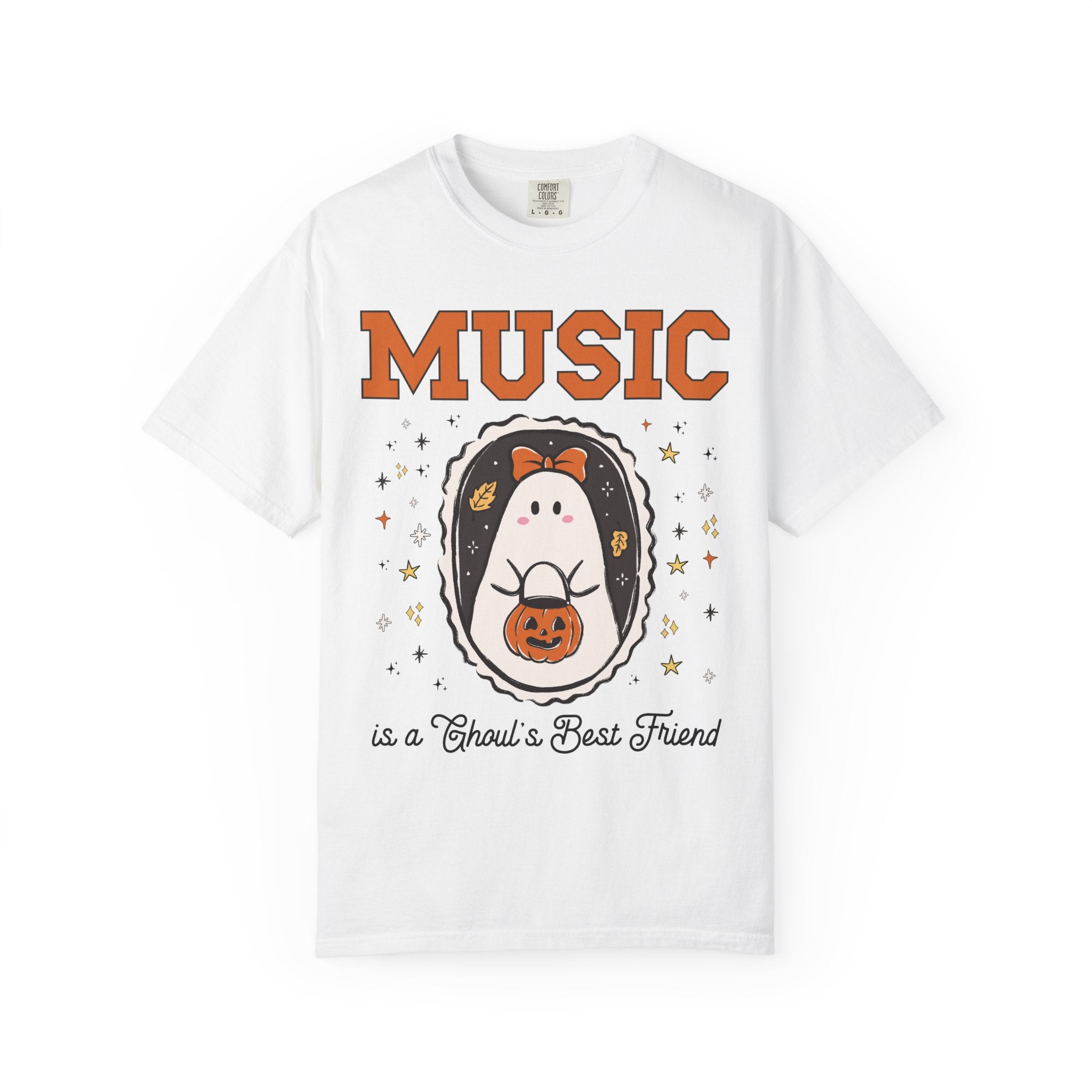 Music Teacher Halloween Tee Shirt with Stars, Cute Ghost Lover Halloween Tee for Music Department, Funny Band Director or Choir Director Tee - Opal and June