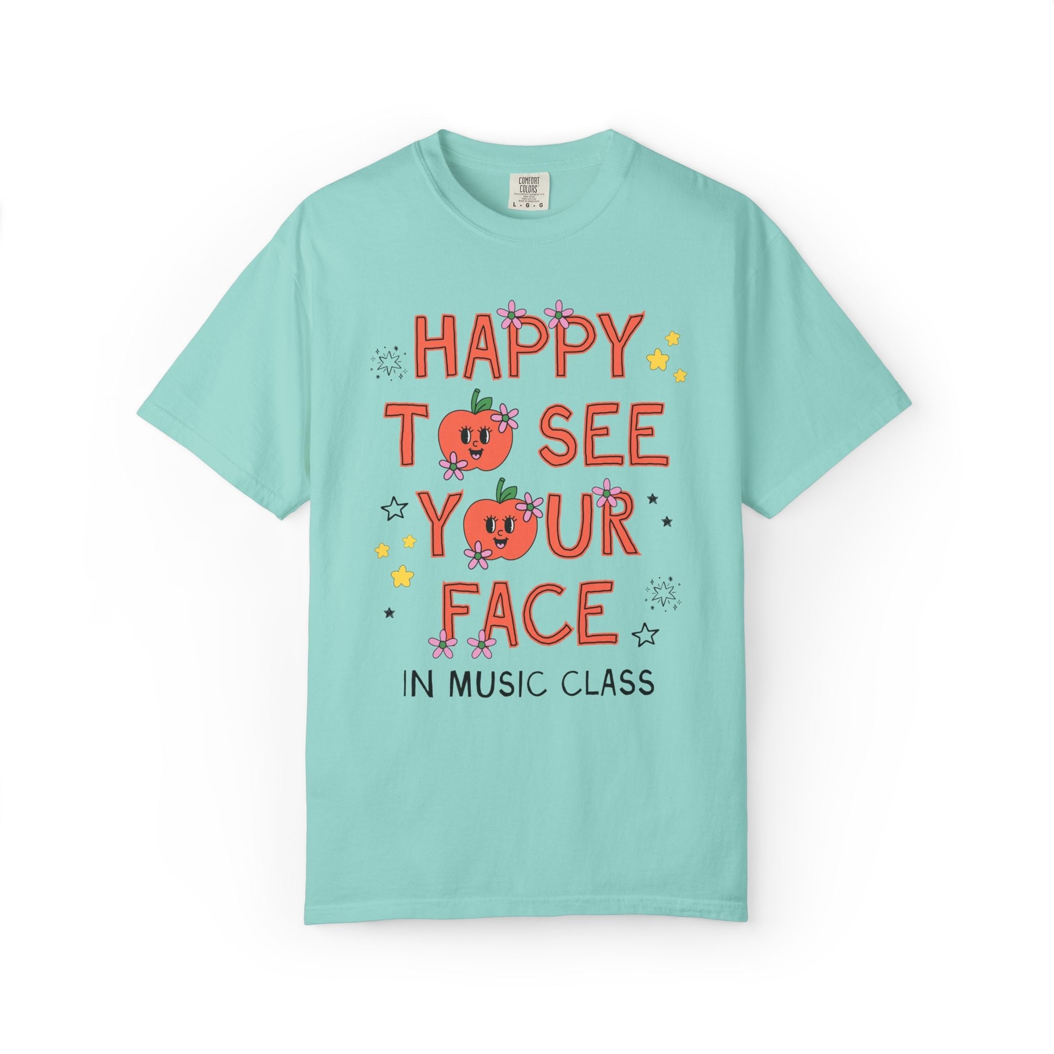 Music Teacher Team Tee Shirt: Happy to See Your Face | Cute Back to School T-Shirt with Retro Apples and Flowers, First Day of School - Opal and June