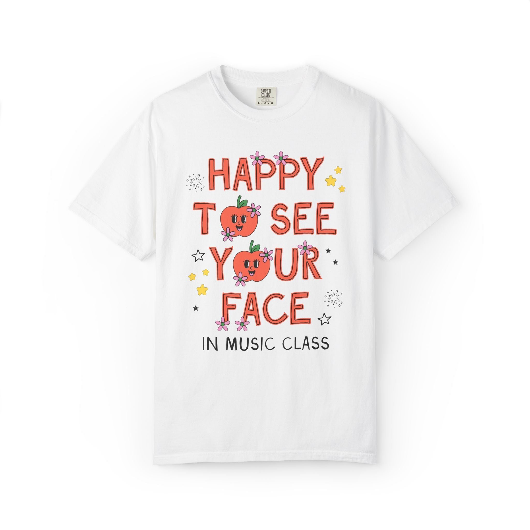 Music Teacher Team Tee Shirt: Happy to See Your Face | Cute Back to School T-Shirt with Retro Apples and Flowers, First Day of School - Opal and June