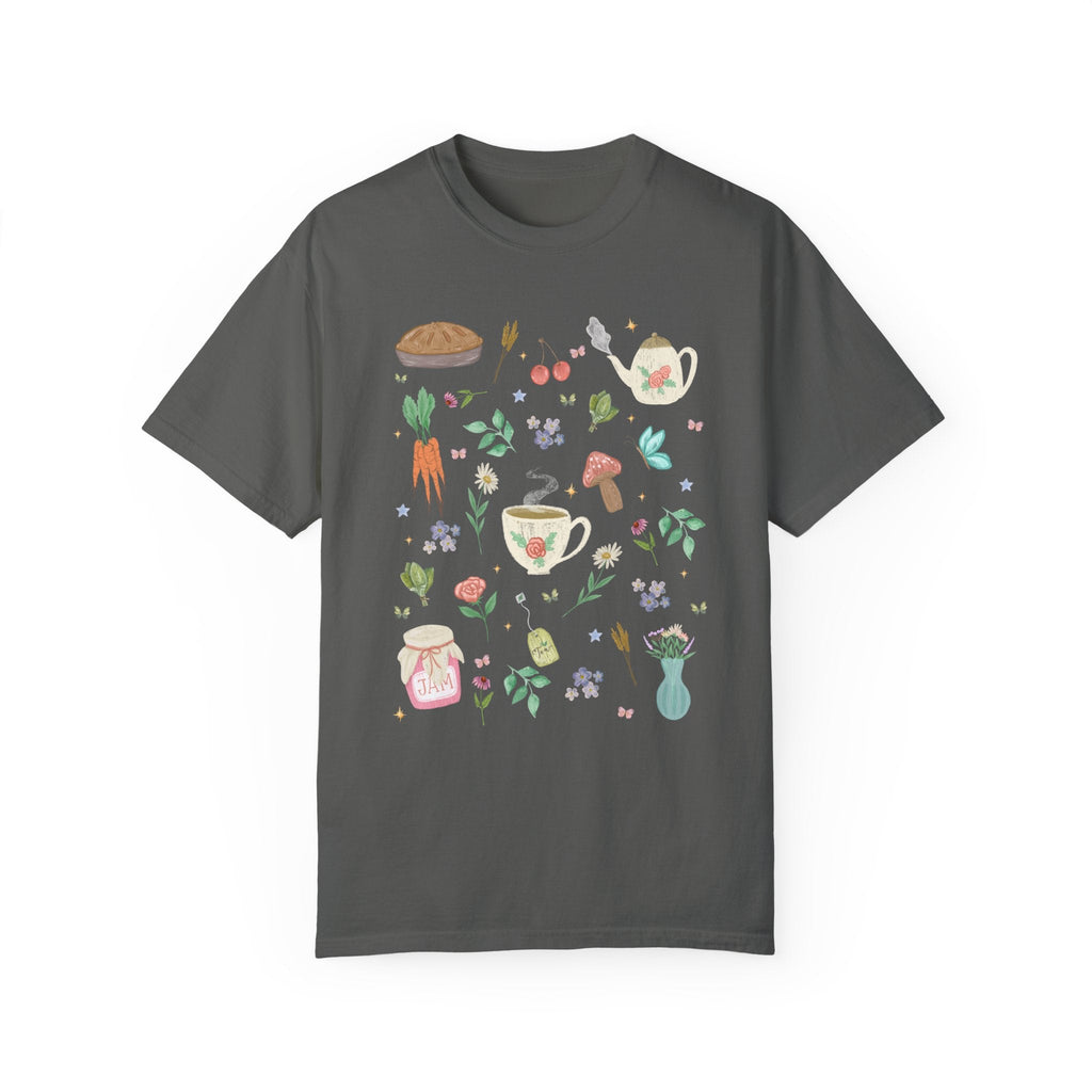 Mystical Cottagecore Flower Shirt on Comfort Colors® Tee | Whimsical Witchy Vibes with Herbs and Tea, Celestial Stars and Boho Florals - Opal and June