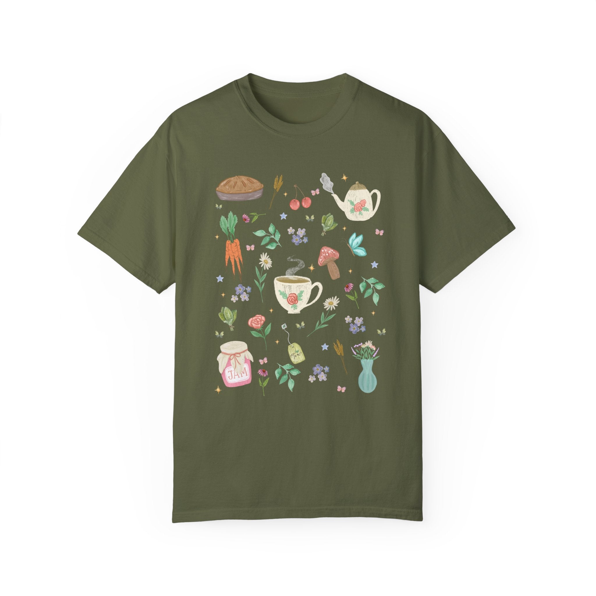 Mystical Cottagecore Flower Shirt on Comfort Colors® Tee | Whimsical Witchy Vibes with Herbs and Tea, Celestial Stars and Boho Florals - Opal and June