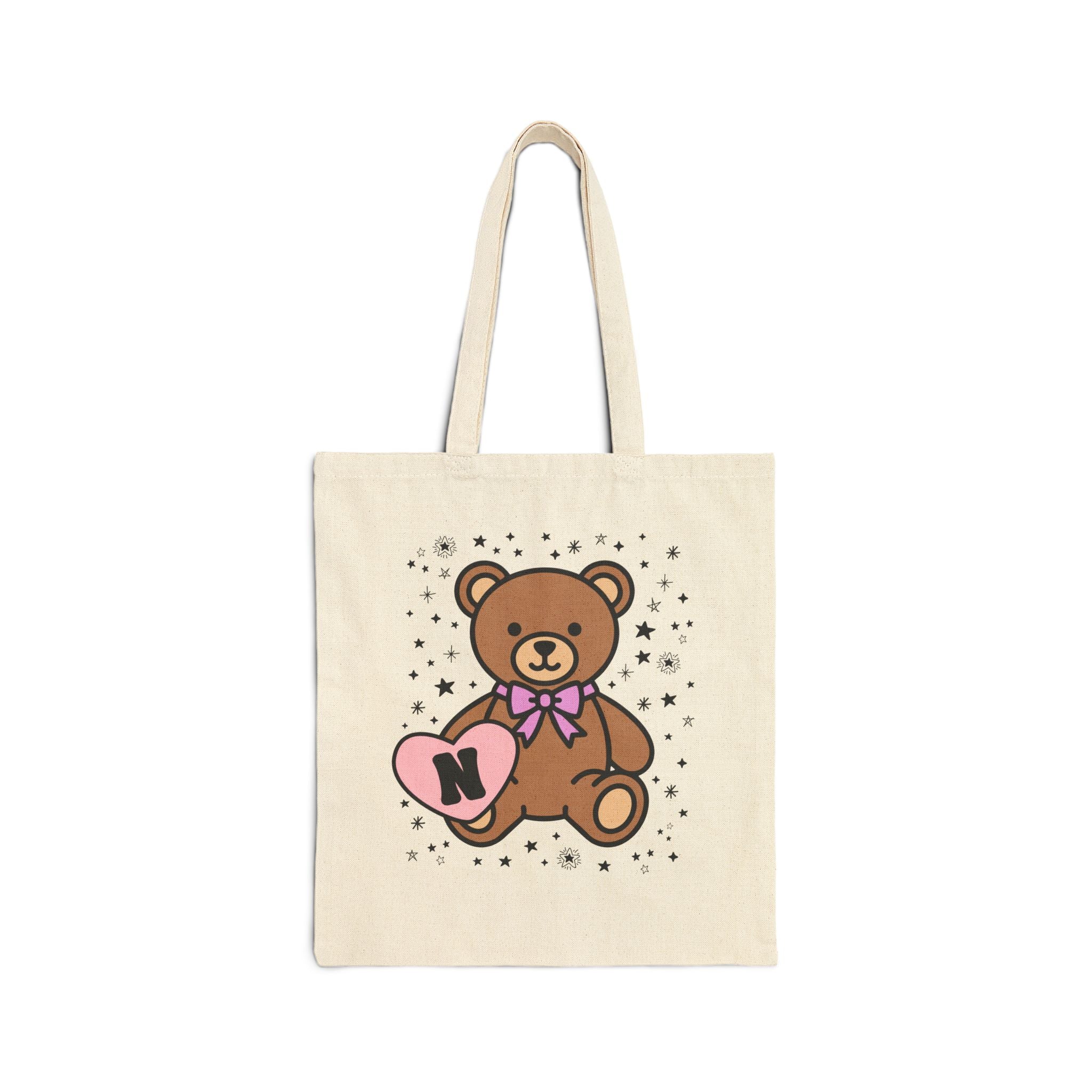 N: Bear Holding a Heart Tote Bag with Initial - Opal and June