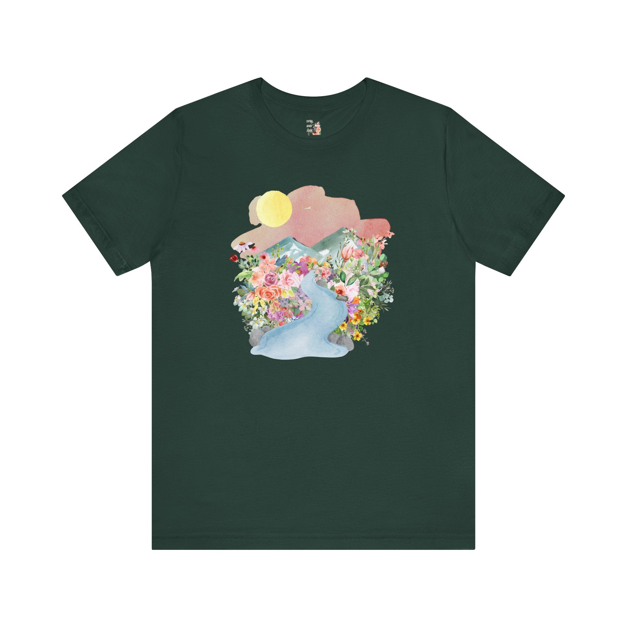 Nature Tee: Mountain River with Flowers - Opal and June