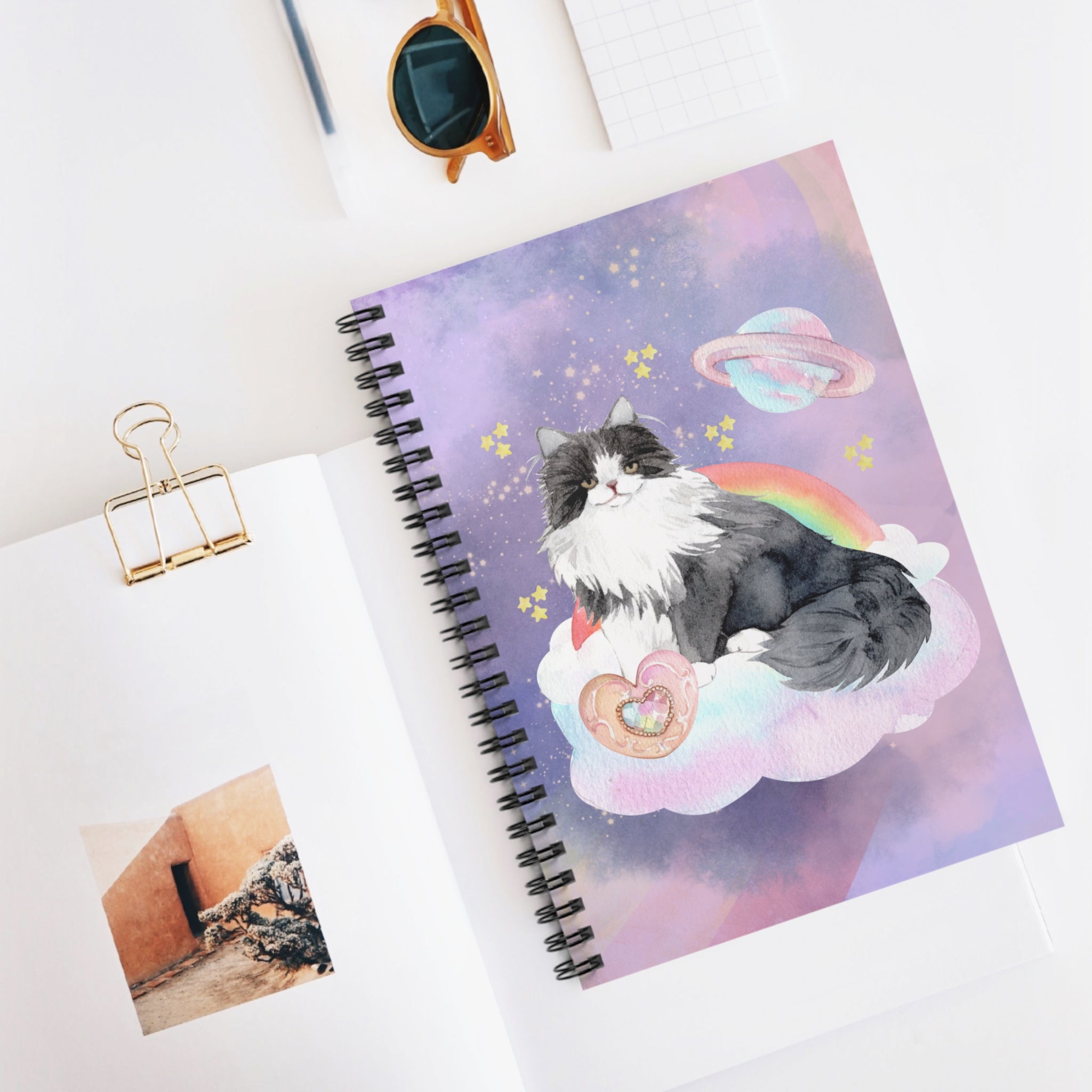 Nineties Aesthetic Space Cat Journal with Mystical Rainbow and Stars - Opal and June