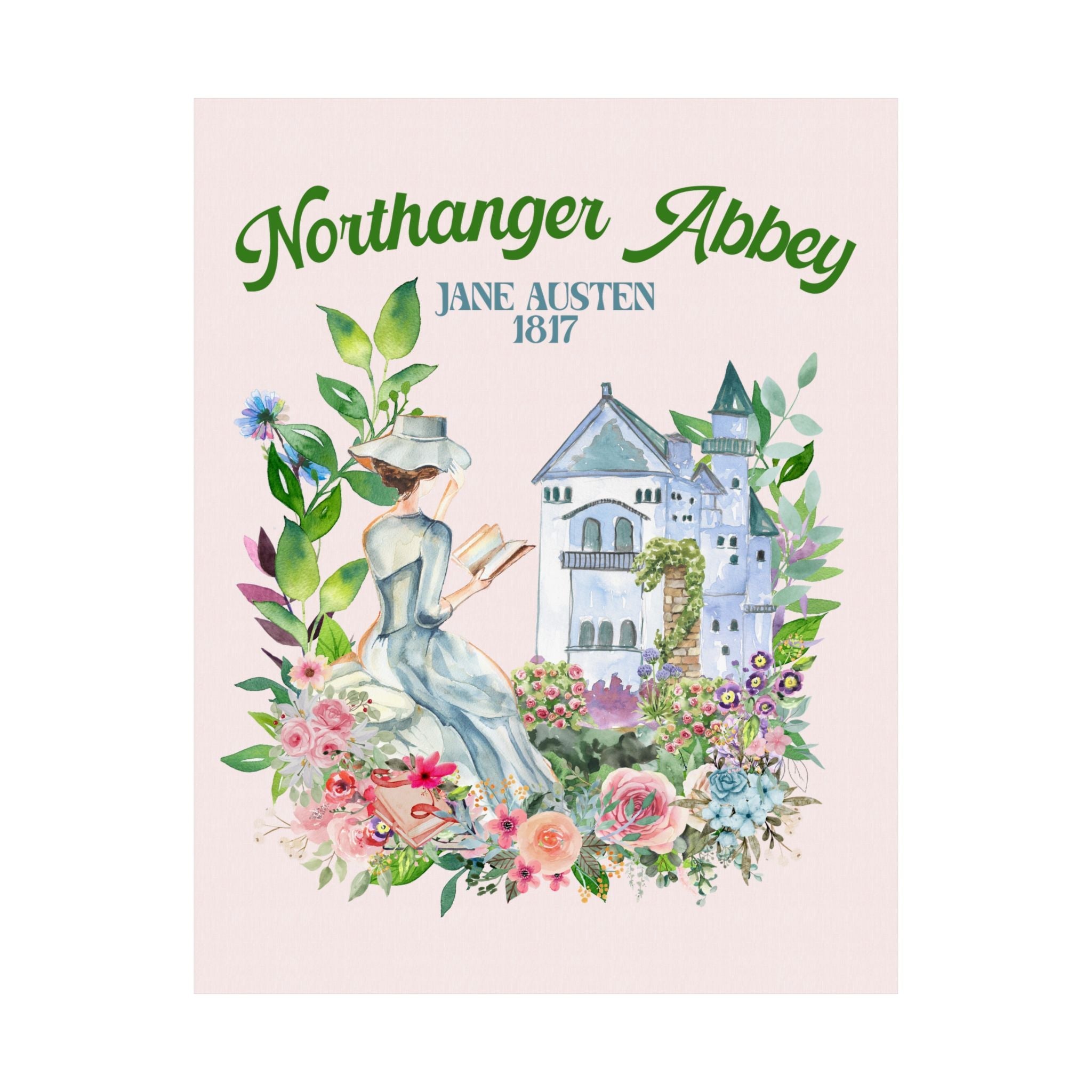 Northanger Abbey Cute Bookish Poster Print, Cozy Jane Austen Art Print with Flowers, Floral Cottagecore Gothic Romance Book Lover Poster - Opal and June