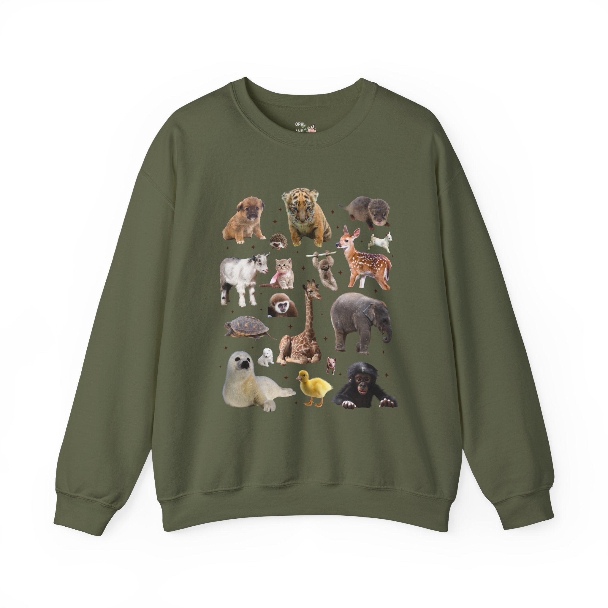 Nostalgic Baby Animal Sweatshirt for Animal Lover: Cute Colorful Maximalist 90s Aesthetic Crewneck with Elephant and Giraffe, Turtle and Duck - Opal and June