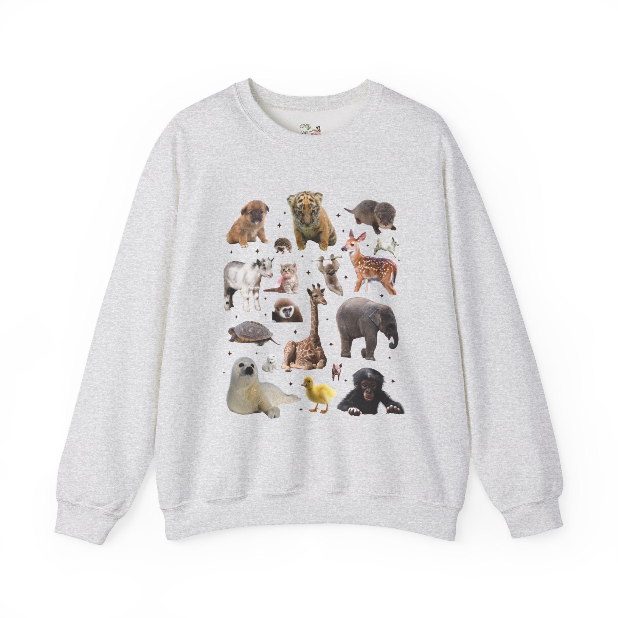 Nostalgic Baby Animal Sweatshirt for Animal Lover: Cute Colorful Maximalist 90s Aesthetic Crewneck with Elephant and Giraffe, Turtle and Duck - Opal and June