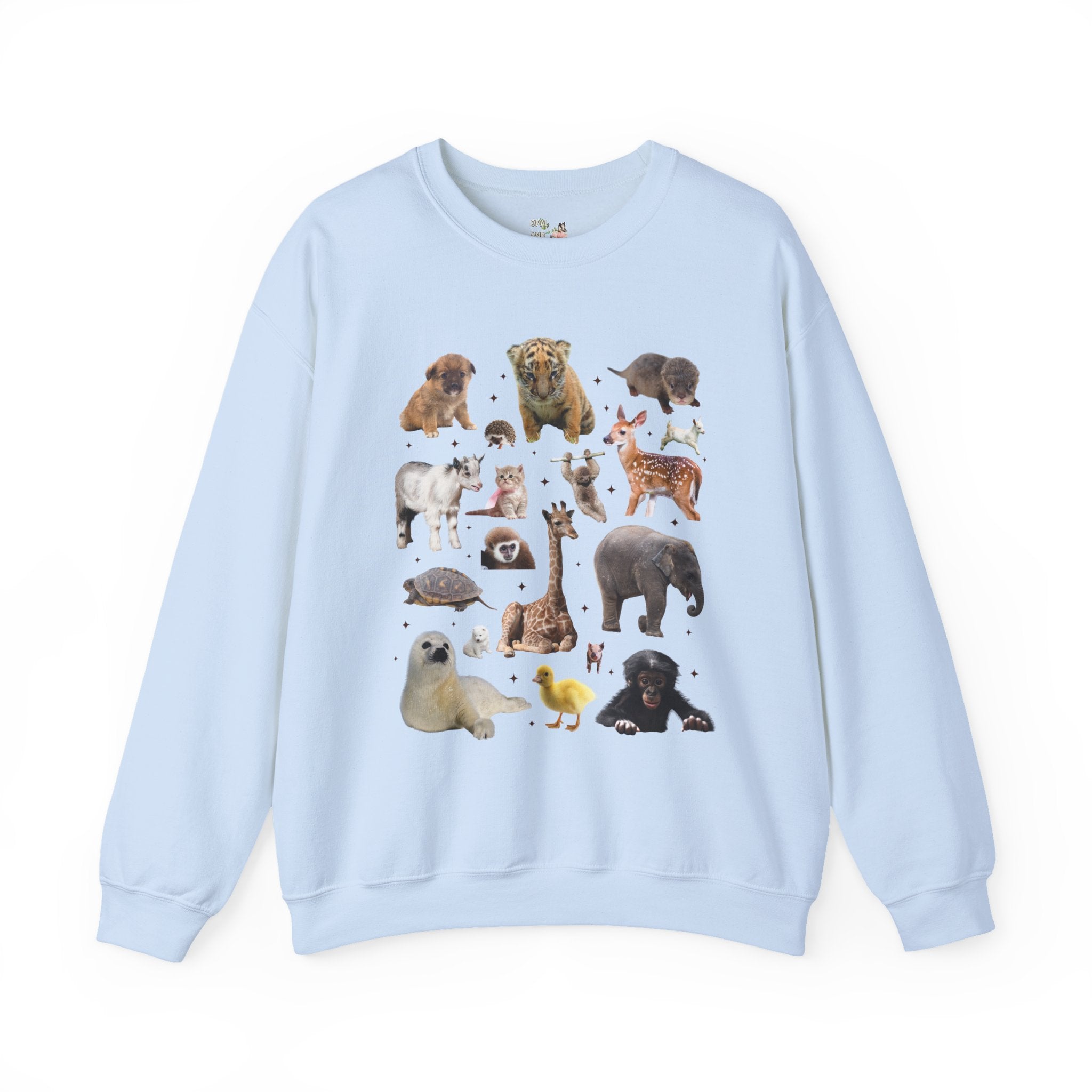 Nostalgic Baby Animal Sweatshirt for Animal Lover: Cute Colorful Maximalist 90s Aesthetic Crewneck with Elephant and Giraffe, Turtle and Duck - Opal and June