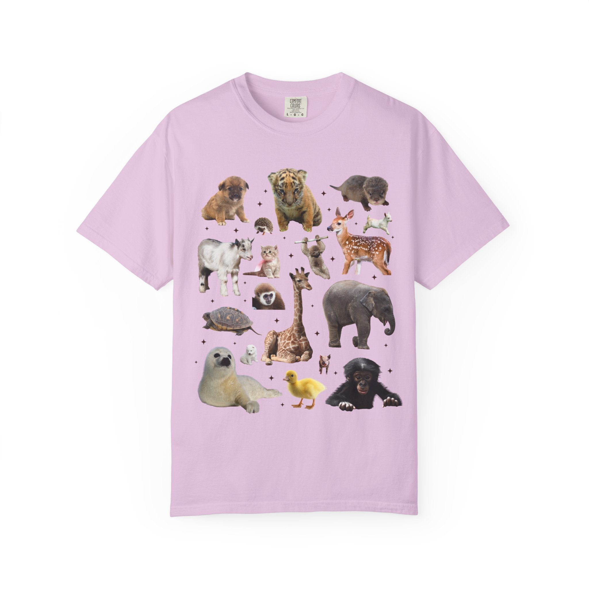 Nostalgic Baby Animal Tee Shirt for Animal Lover: Cute Colorful Maximalist 90s Aesthetic T-Shirt with Elephant and Giraffe, Turtle and Duck - Opal and June