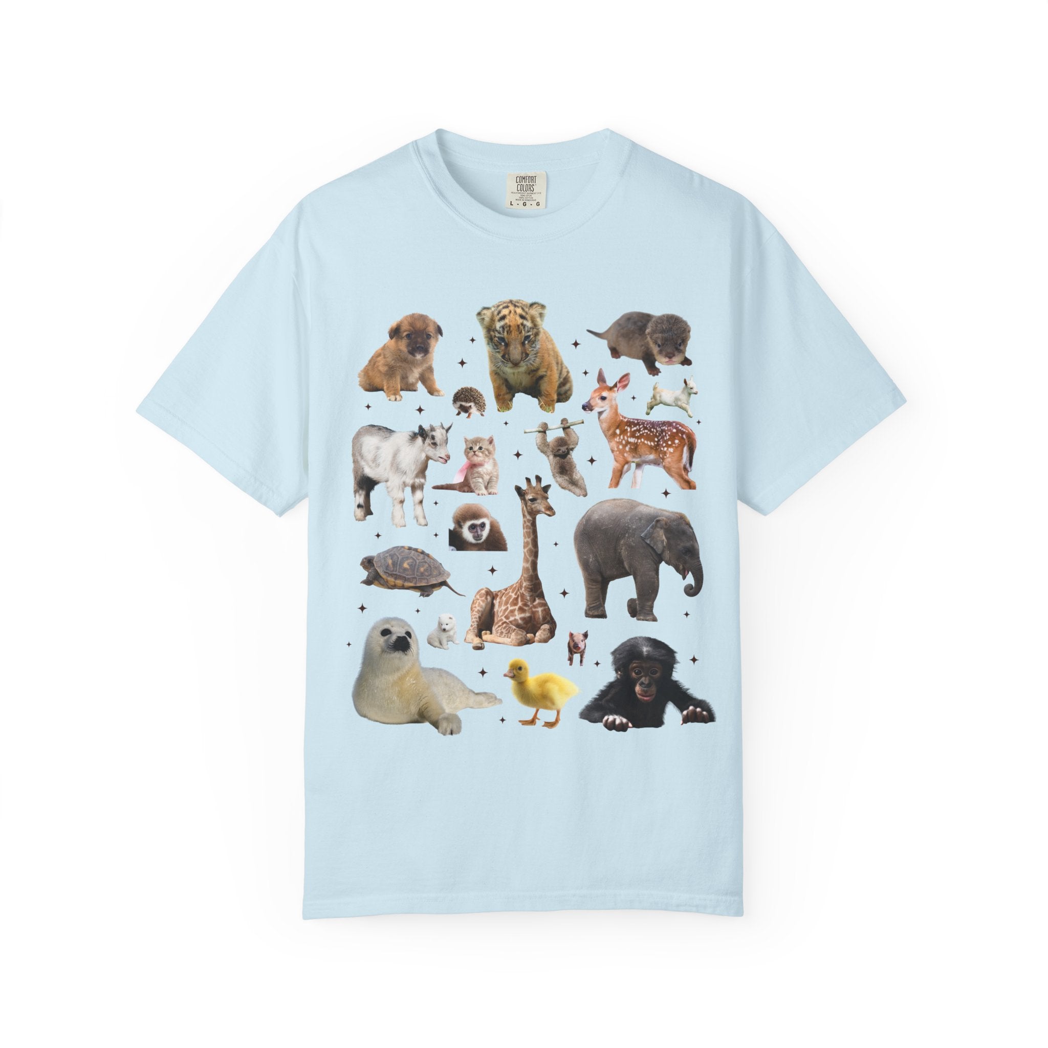 Nostalgic Baby Animal Tee Shirt for Animal Lover: Cute Colorful Maximalist 90s Aesthetic T-Shirt with Elephant and Giraffe, Turtle and Duck - Opal and June