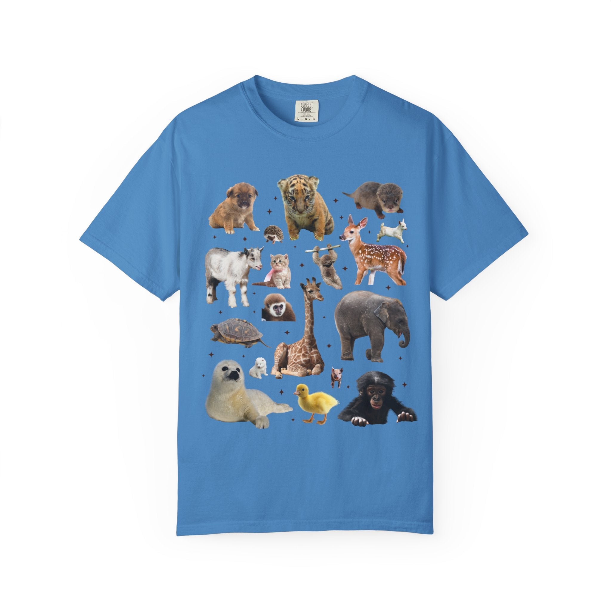 Nostalgic Baby Animal Tee Shirt for Animal Lover: Cute Colorful Maximalist 90s Aesthetic T-Shirt with Elephant and Giraffe, Turtle and Duck - Opal and June