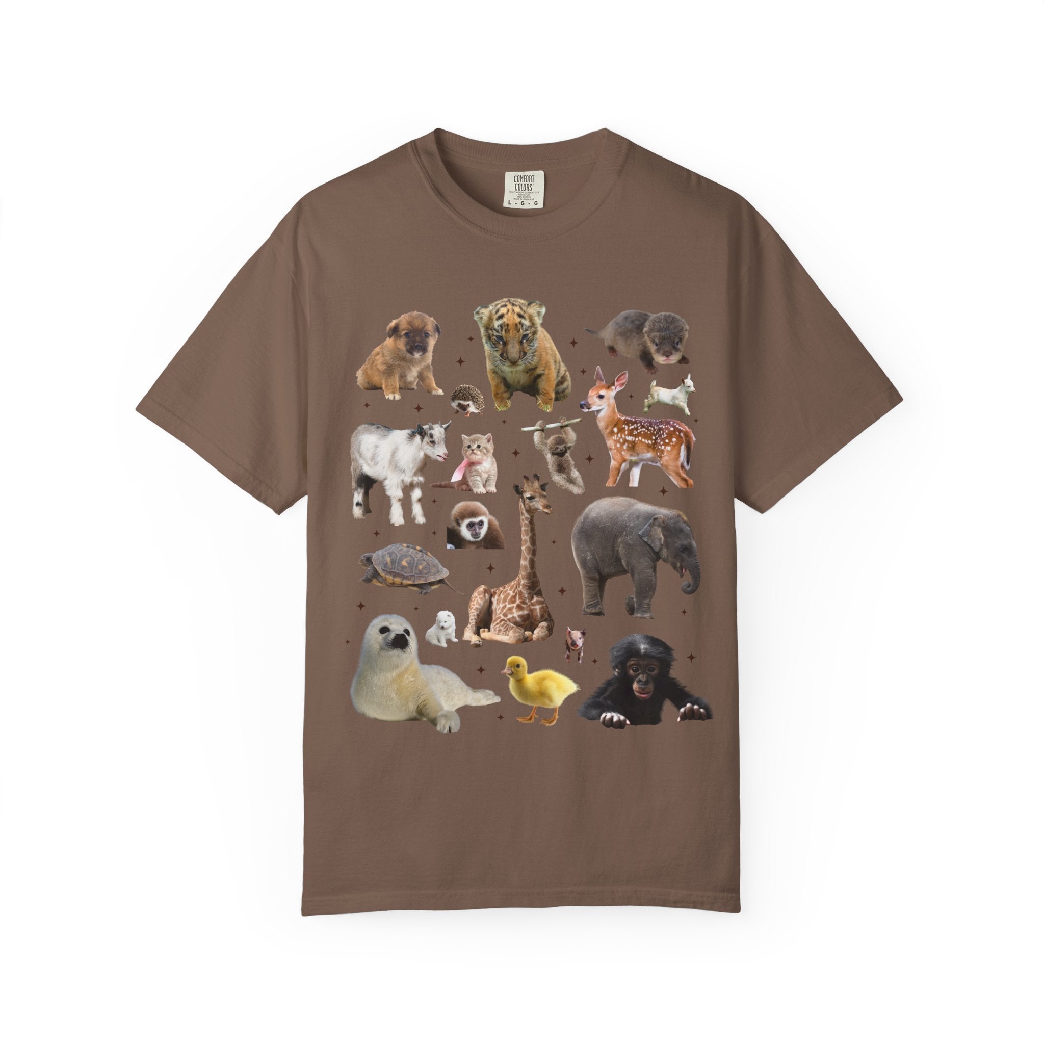 Nostalgic Baby Animal Tee Shirt for Animal Lover: Cute Colorful Maximalist 90s Aesthetic T-Shirt with Elephant and Giraffe, Turtle and Duck - Opal and June