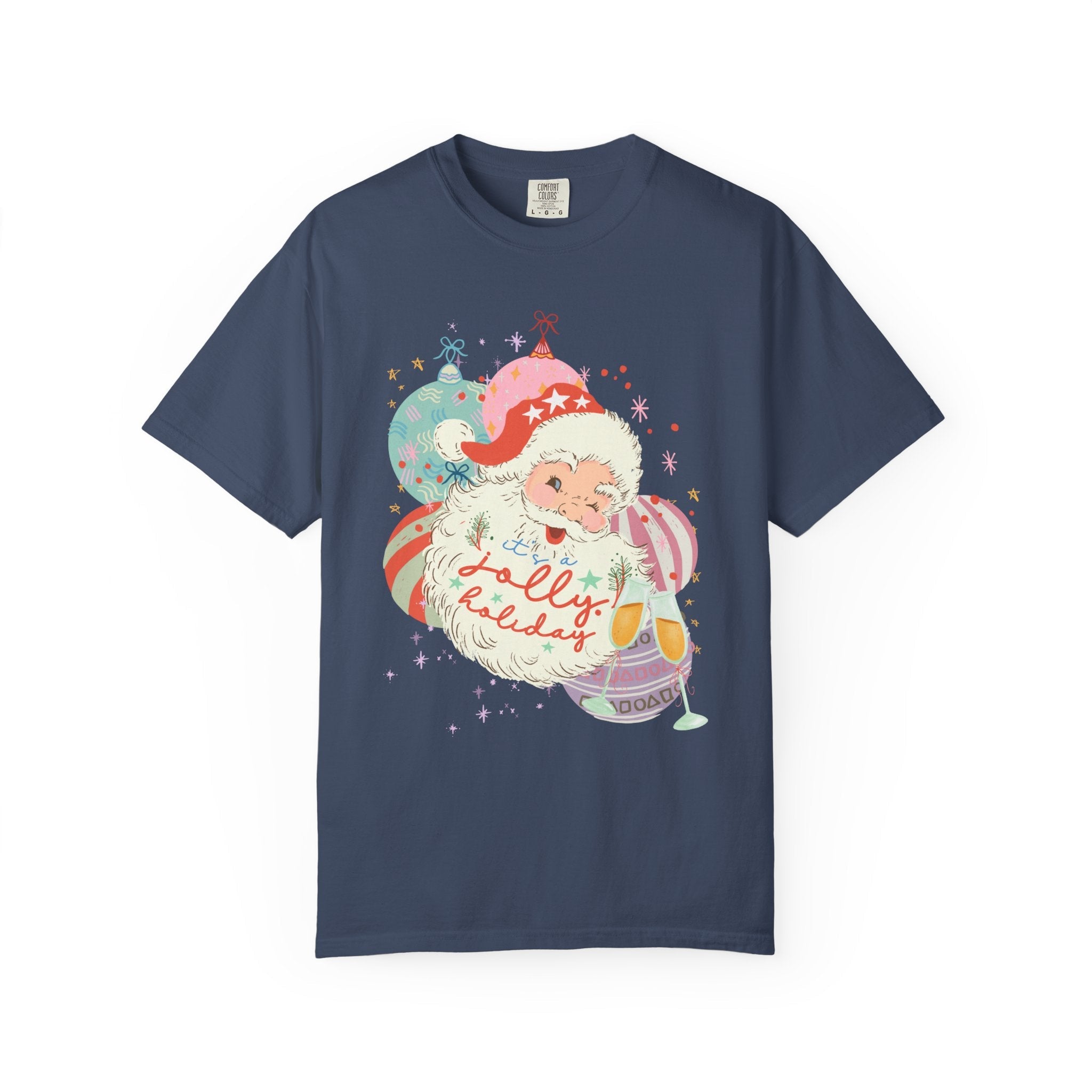 Nostalgic Santa Tee Shirt with Ornament and Retro Champagne Glasses: Jolly Holiday | Funny Vintage Aesthetic Christmas Tee for Xmas Party - Opal and June