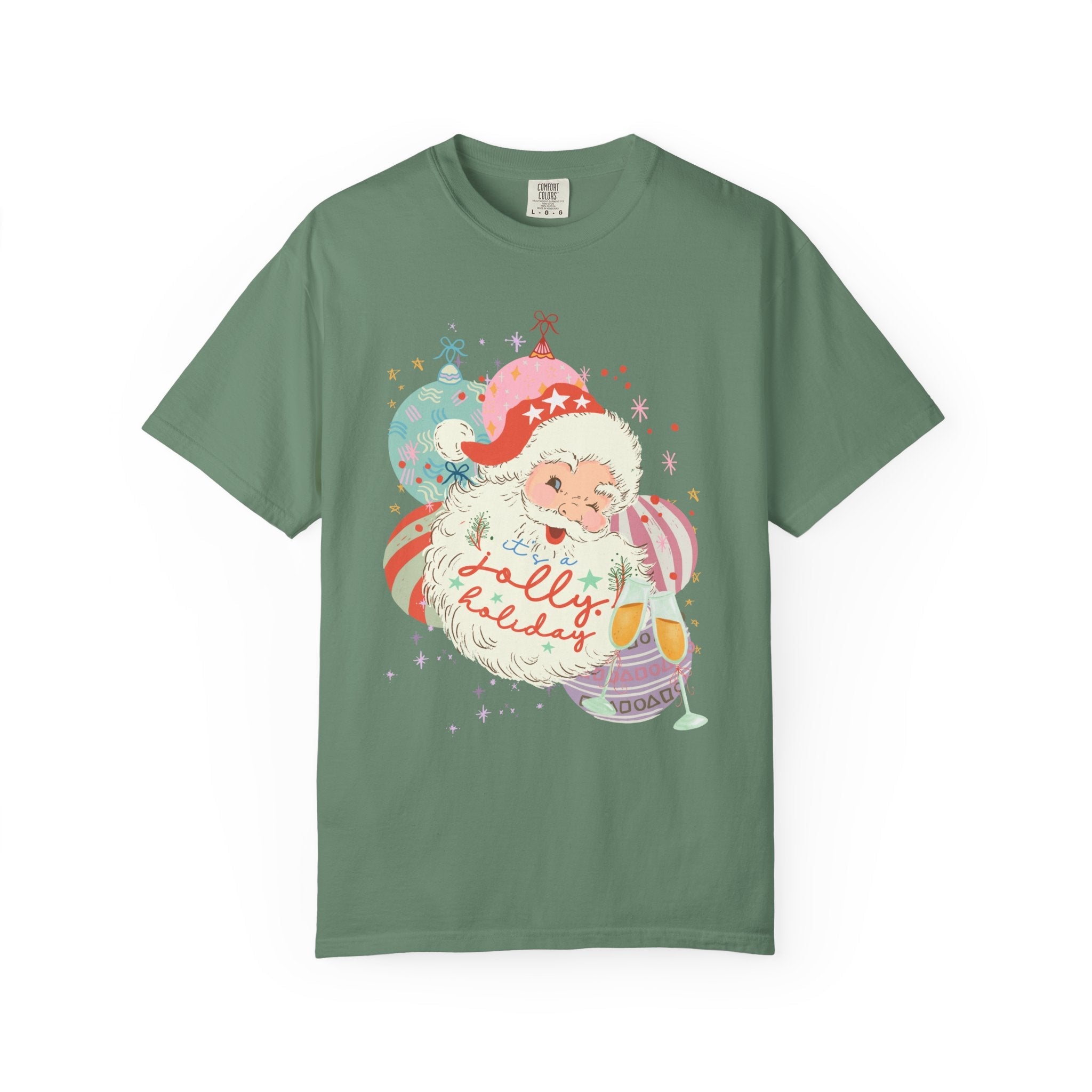 Nostalgic Santa Tee Shirt with Ornament and Retro Champagne Glasses: Jolly Holiday | Funny Vintage Aesthetic Christmas Tee for Xmas Party - Opal and June