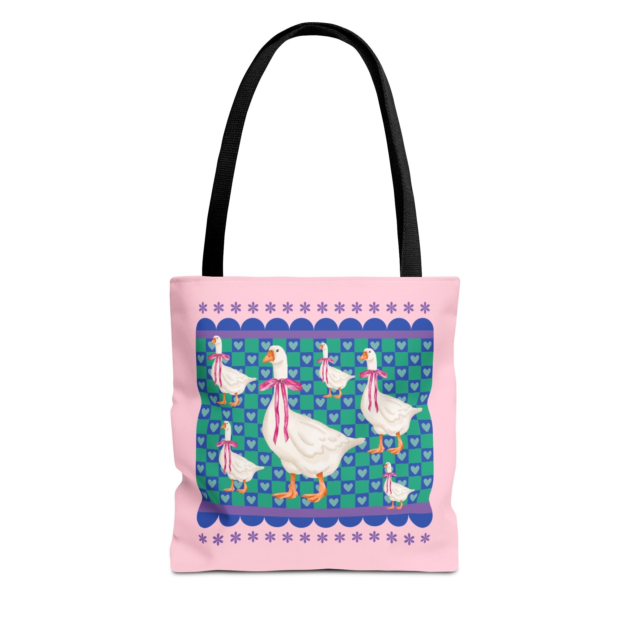 Nostalgic Silly Goose Tote Bag with Cute Coquette Bows and Adorable Doodle Hearts, 90s Aesthetic Soft Girl Style Tote Bag for Animal Lover - Opal and June