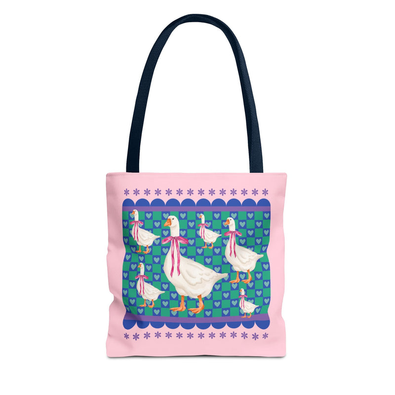 Nostalgic Silly Goose Tote Bag with Cute Coquette Bows and Adorable Doodle Hearts, 90s Aesthetic Soft Girl Style Tote Bag for Animal Lover - Opal and June