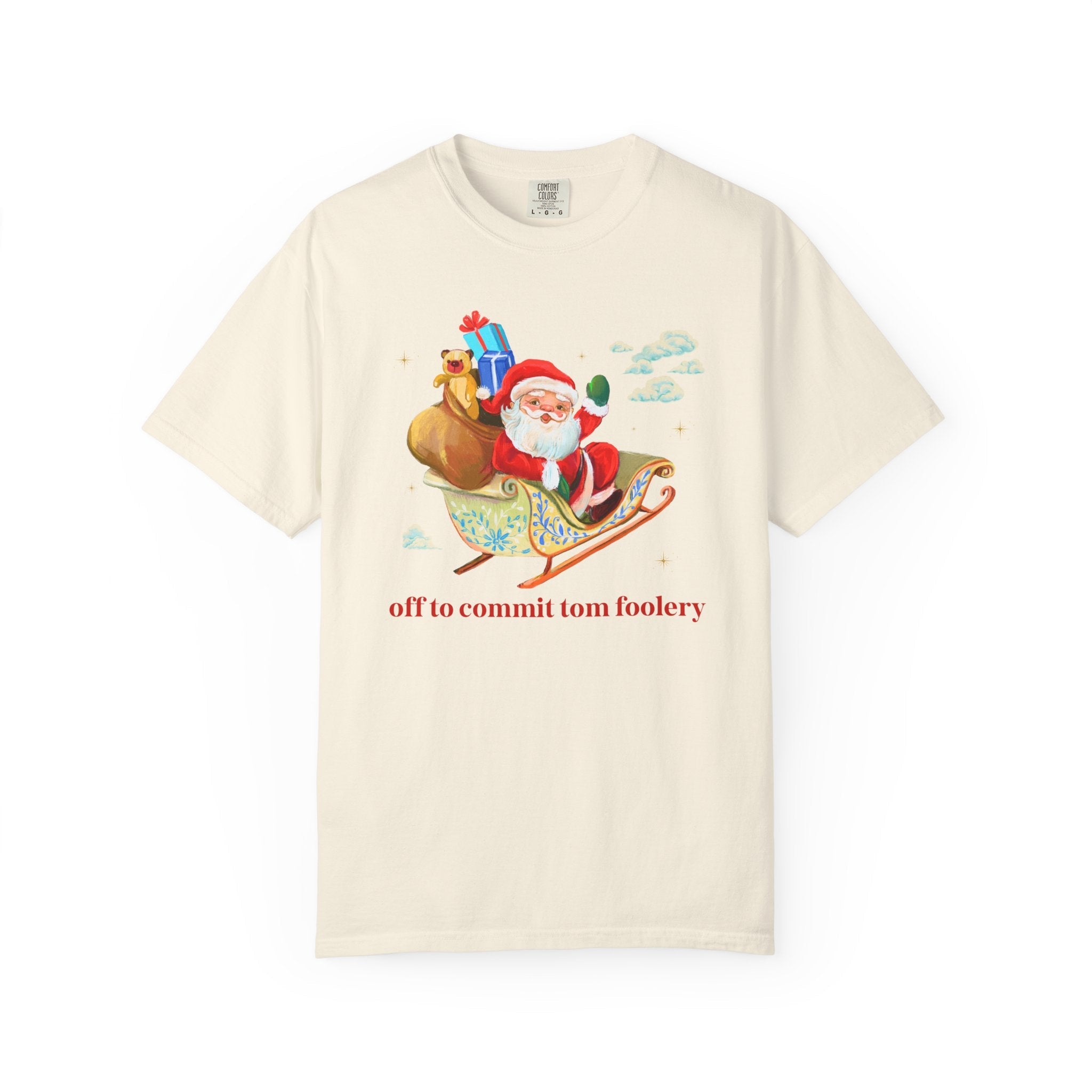 Off to Commit Tomfoolery Silly and Nostalgic Christmas Tee Shirt with Santa Waving From His Sleigh, Funny Saying Matching Tee Shirt for Xmas - Opal and June
