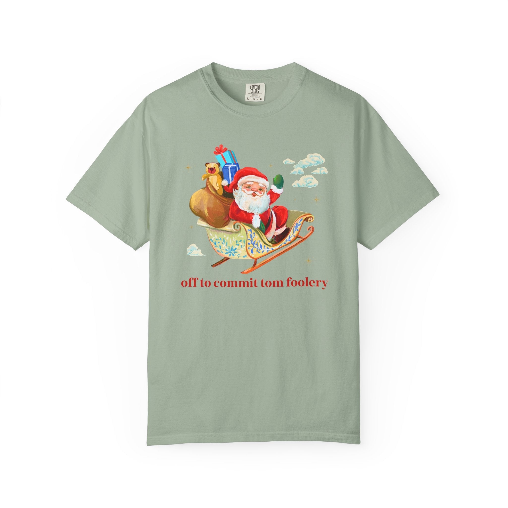 Off to Commit Tomfoolery Silly and Nostalgic Christmas Tee Shirt with Santa Waving From His Sleigh, Funny Saying Matching Tee Shirt for Xmas - Opal and June