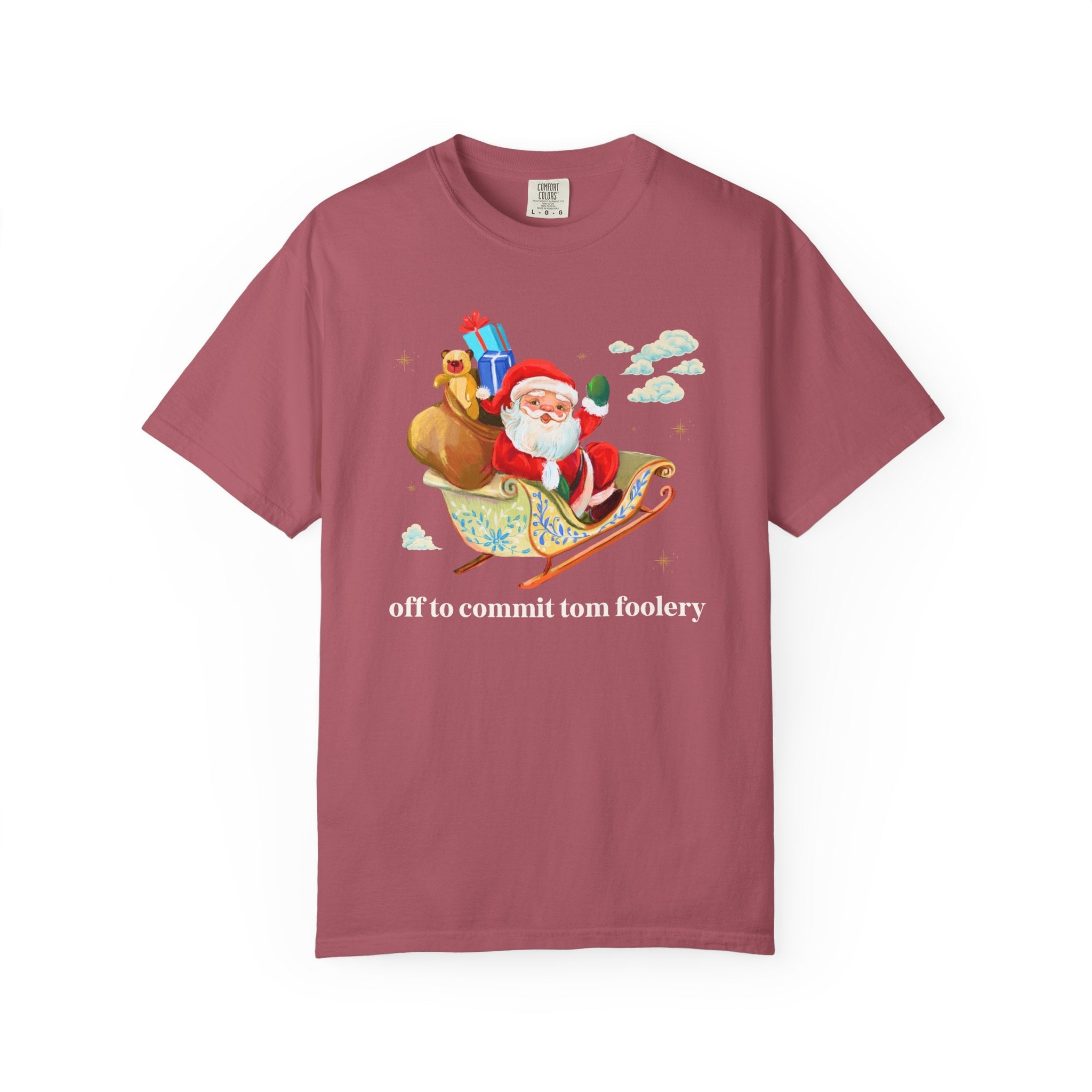 Off to Commit Tomfoolery Silly and Nostalgic Christmas Tee Shirt with Santa Waving From His Sleigh, Funny Saying Matching Tee Shirt for Xmas - Opal and June