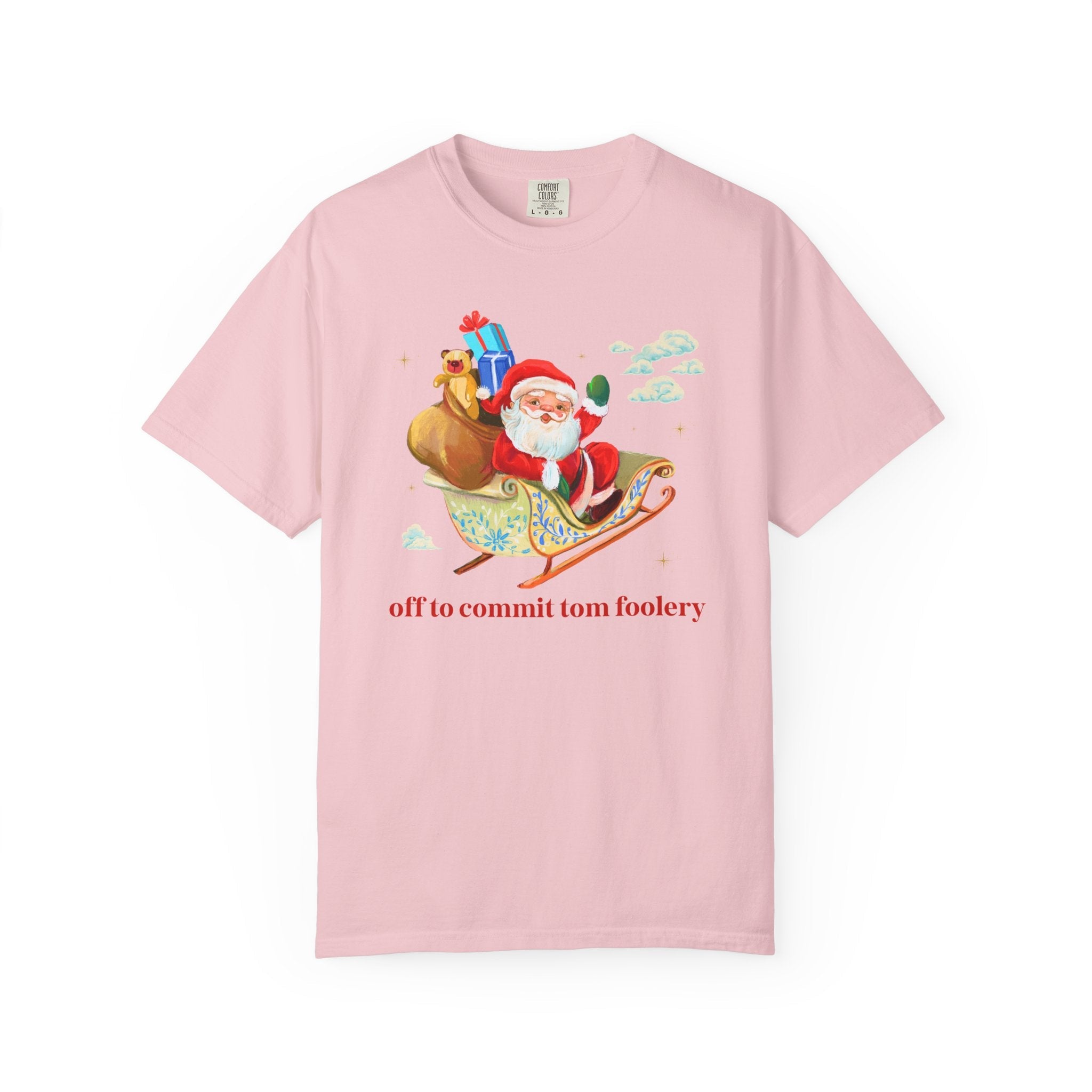Off to Commit Tomfoolery Silly and Nostalgic Christmas Tee Shirt with Santa Waving From His Sleigh, Funny Saying Matching Tee Shirt for Xmas - Opal and June