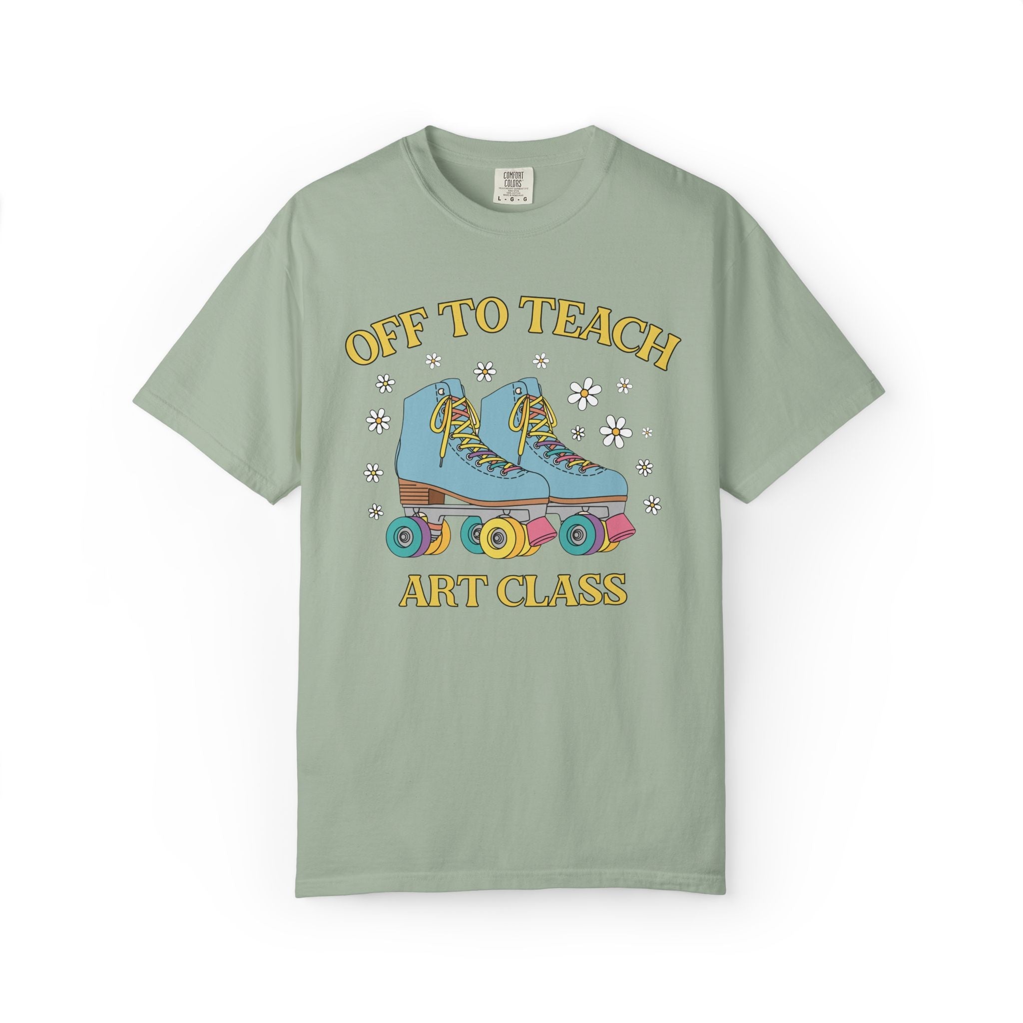 Off to Teach Rollerskating Teacher Tee Shirt with Groovy Flowers: Cute Nostalgic Matching Teacher Tee for Back to School, New Teacher Gift - Opal and June