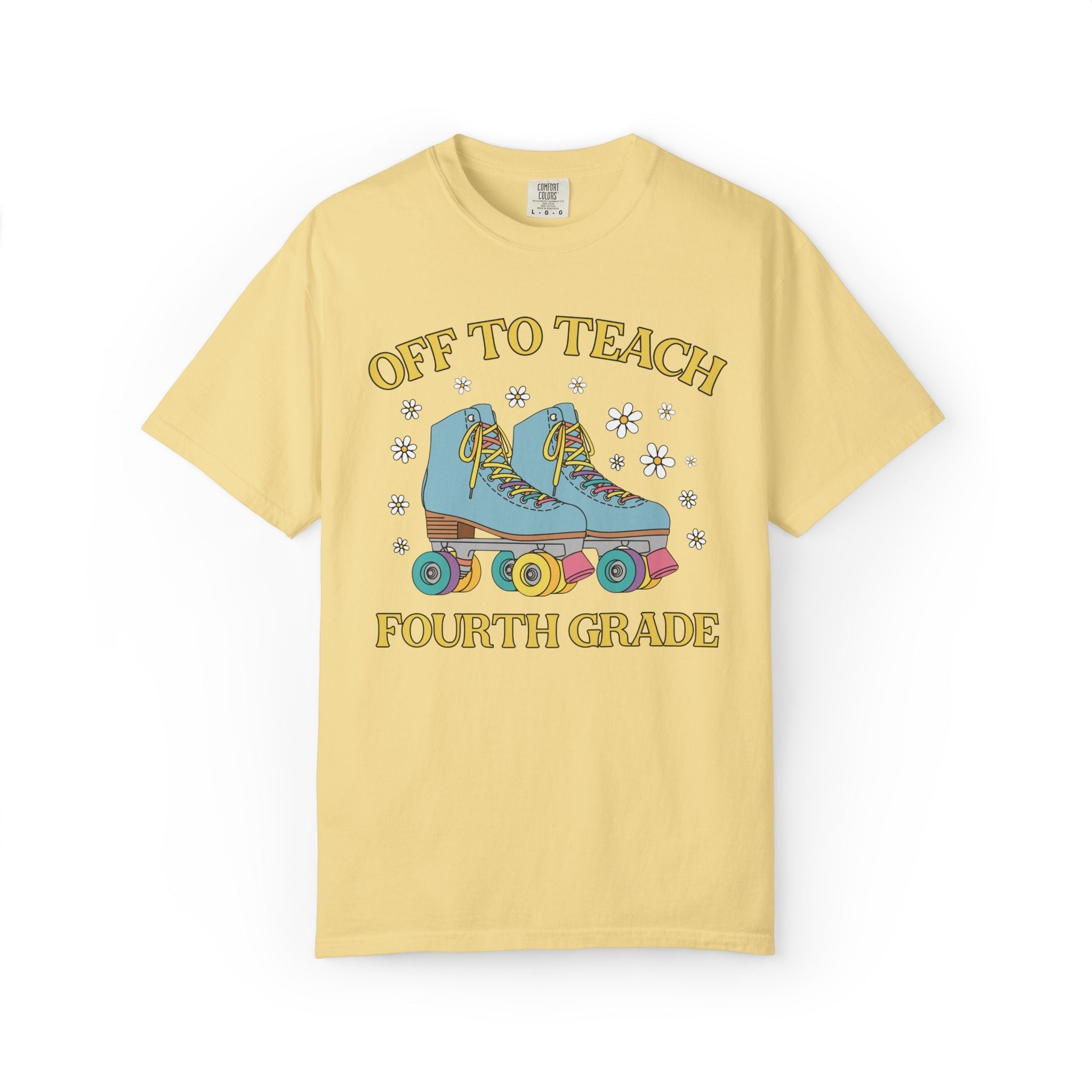 Off to Teach Rollerskating Teacher Tee Shirt with Groovy Flowers: Cute Nostalgic Matching Teacher Tee for Back to School, New Teacher Gift - Opal and June