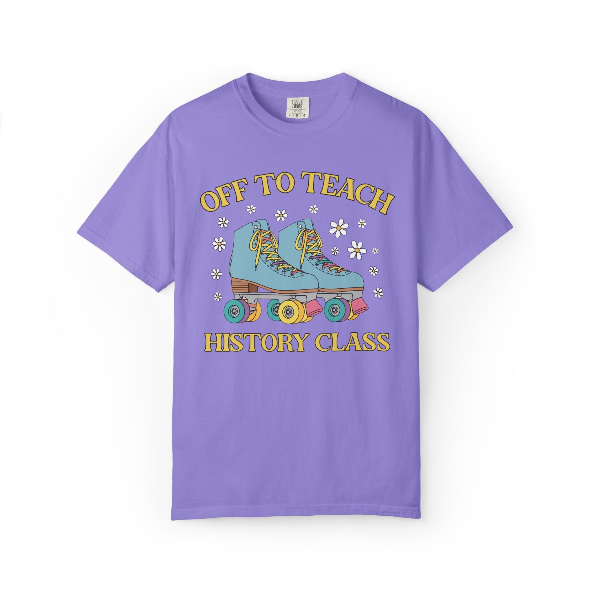 Off to Teach Rollerskating Teacher Tee Shirt with Groovy Flowers: Cute Nostalgic Matching Teacher Tee for Back to School, New Teacher Gift - Opal and June
