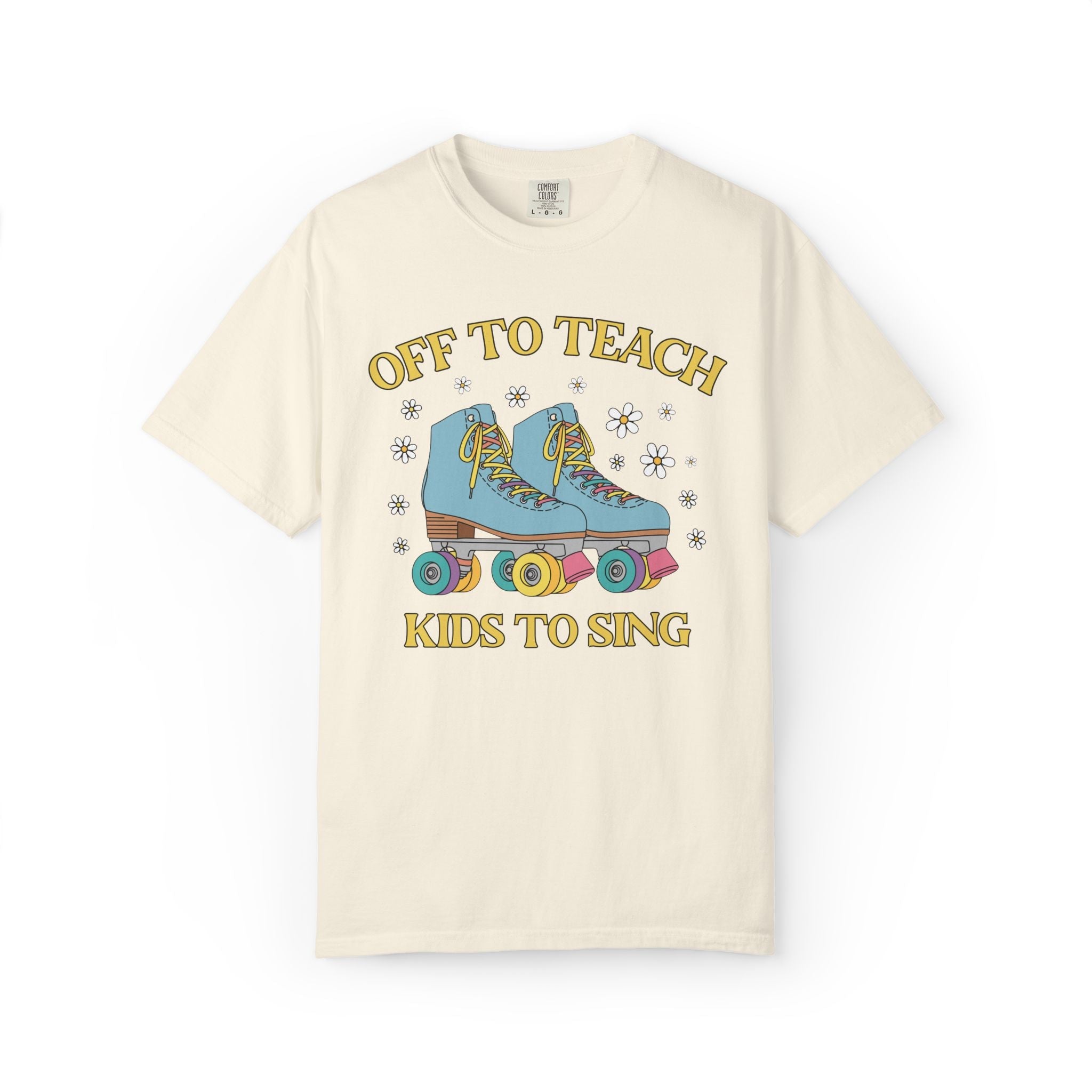 Off to Teach Rollerskating Teacher Tee Shirt with Groovy Flowers: Cute Nostalgic Matching Teacher Tee for Back to School, New Teacher Gift - Opal and June