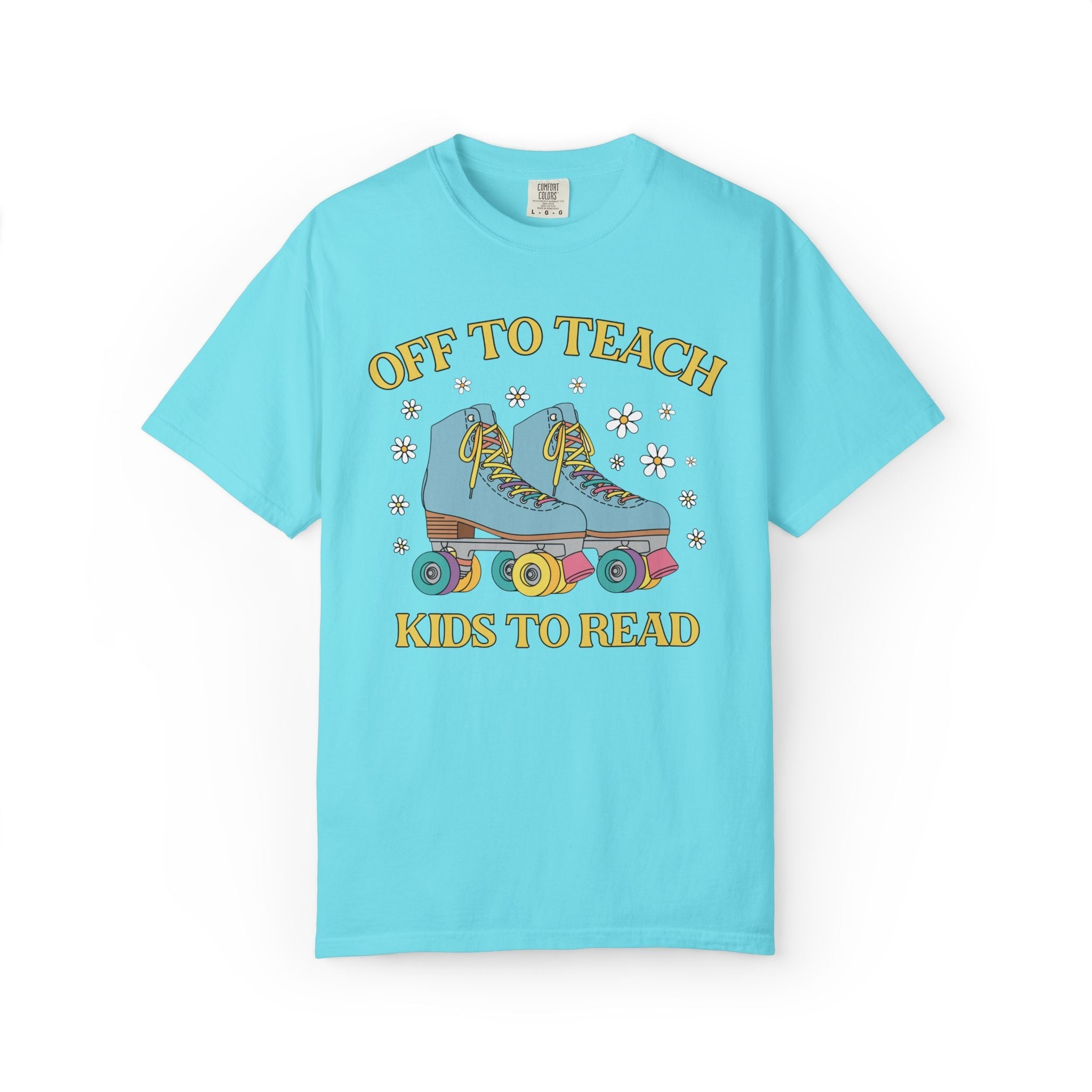Off to Teach Rollerskating Teacher Tee Shirt with Groovy Flowers: Cute Nostalgic Matching Teacher Tee for Back to School, New Teacher Gift - Opal and June