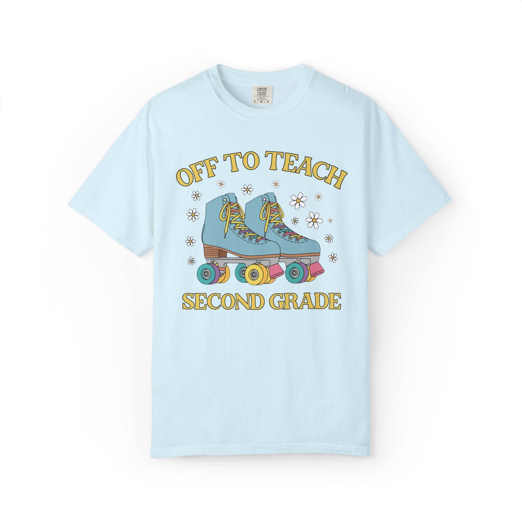 Off to Teach Rollerskating Teacher Tee Shirt with Groovy Flowers: Cute Nostalgic Matching Teacher Tee for Back to School, New Teacher Gift - Opal and June