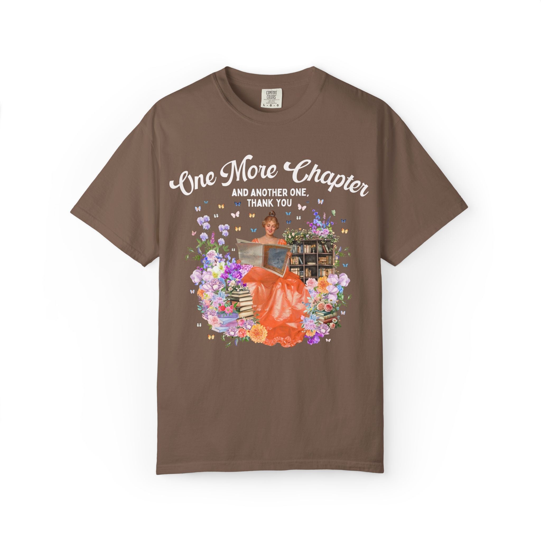 One More Chapter Art History Tee Shirt with Painting of Woman Reading, Floral Fairycore T-Shirt with Butterflies, Cute Bookworm Tee for Her - Opal and June