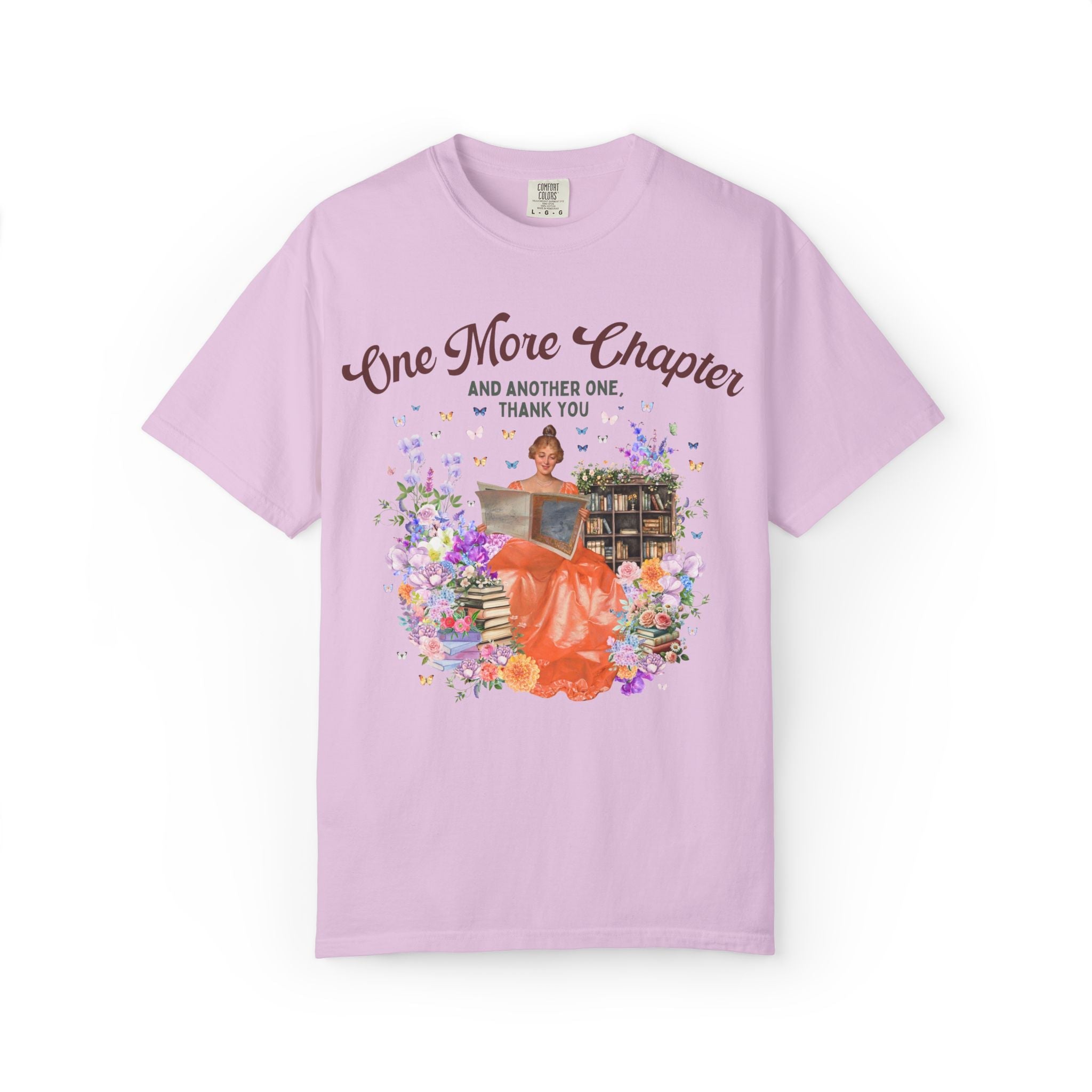 One More Chapter Art History Tee Shirt with Painting of Woman Reading, Floral Fairycore T-Shirt with Butterflies, Cute Bookworm Tee for Her - Opal and June
