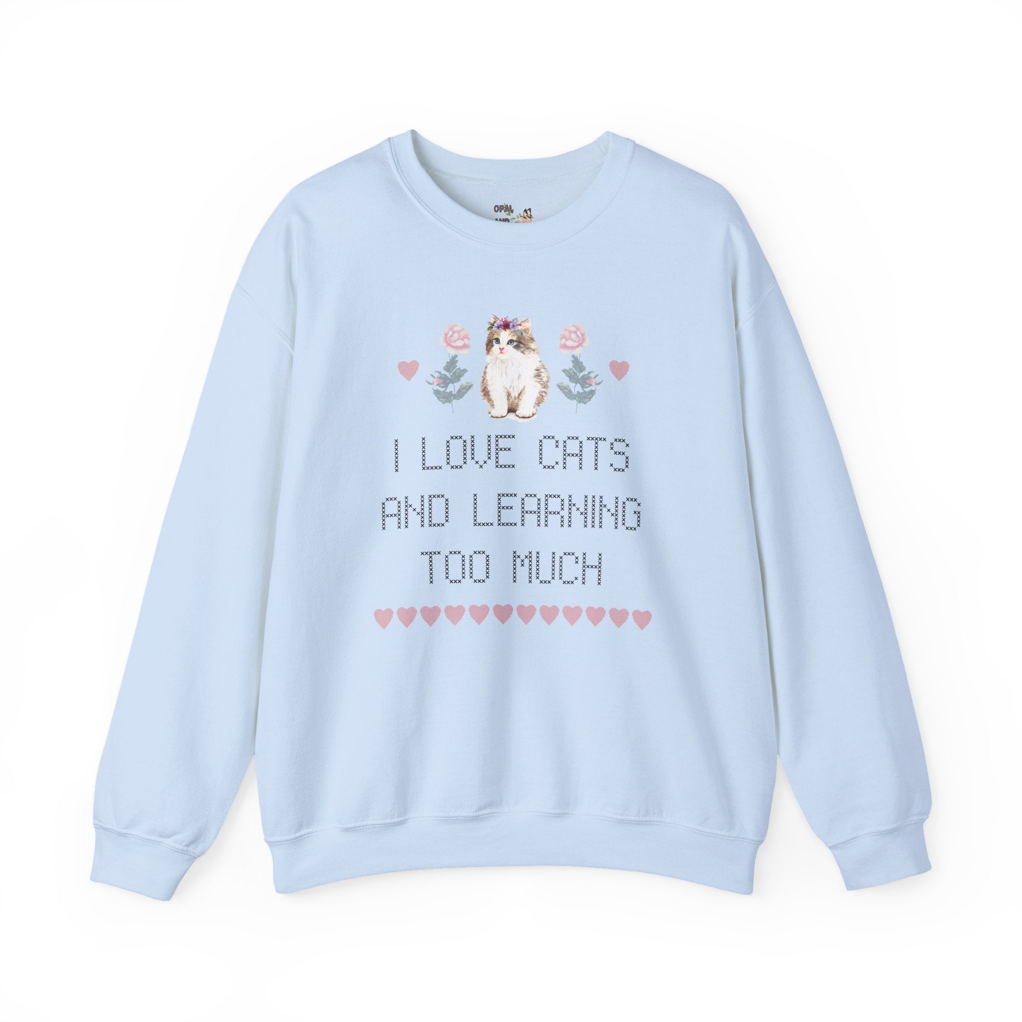Over-Educated Feminist: Sweatshirt for Under-Loved Millennial Cat Lovers | Cute Women's Rights Sweatshirt, Retro Cross Stitch Style - Opal and June