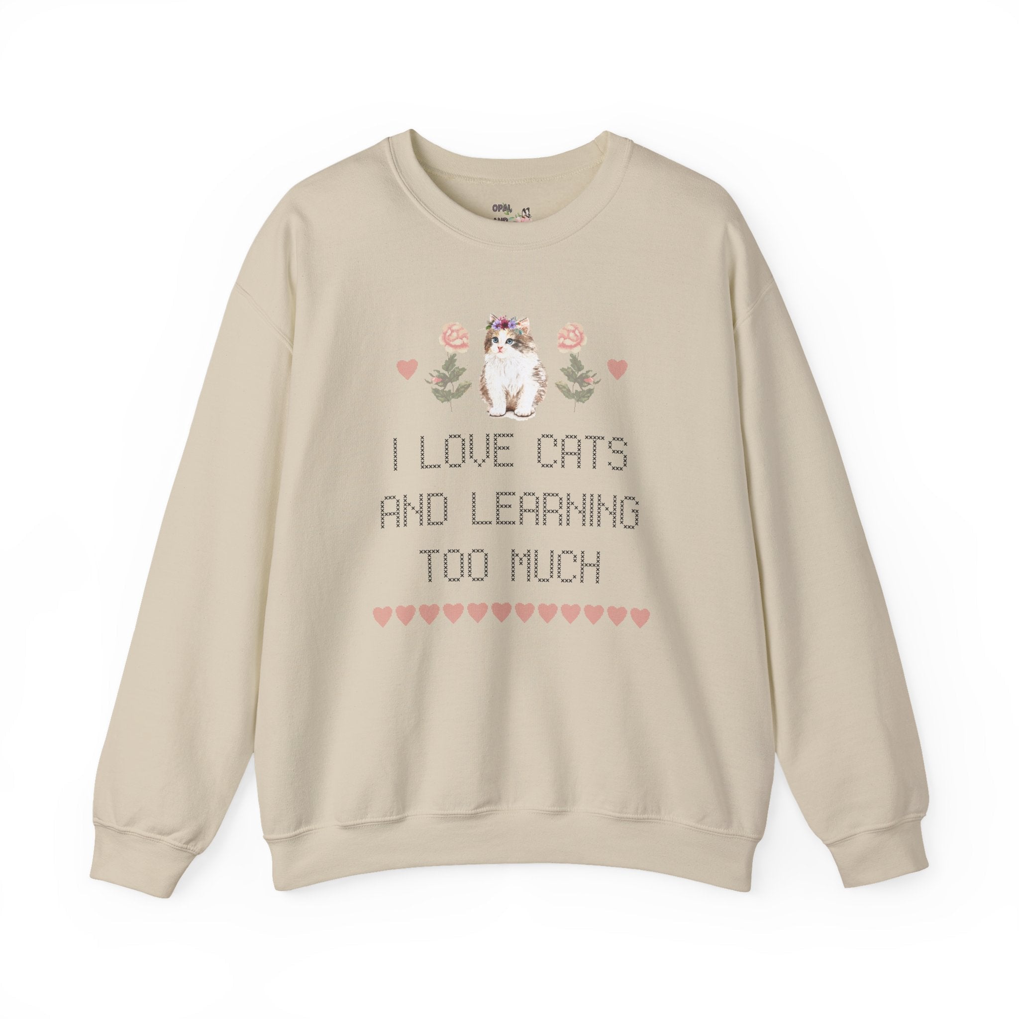 Over-Educated Feminist: Sweatshirt for Under-Loved Millennial Cat Lovers | Cute Women's Rights Sweatshirt, Retro Cross Stitch Style - Opal and June