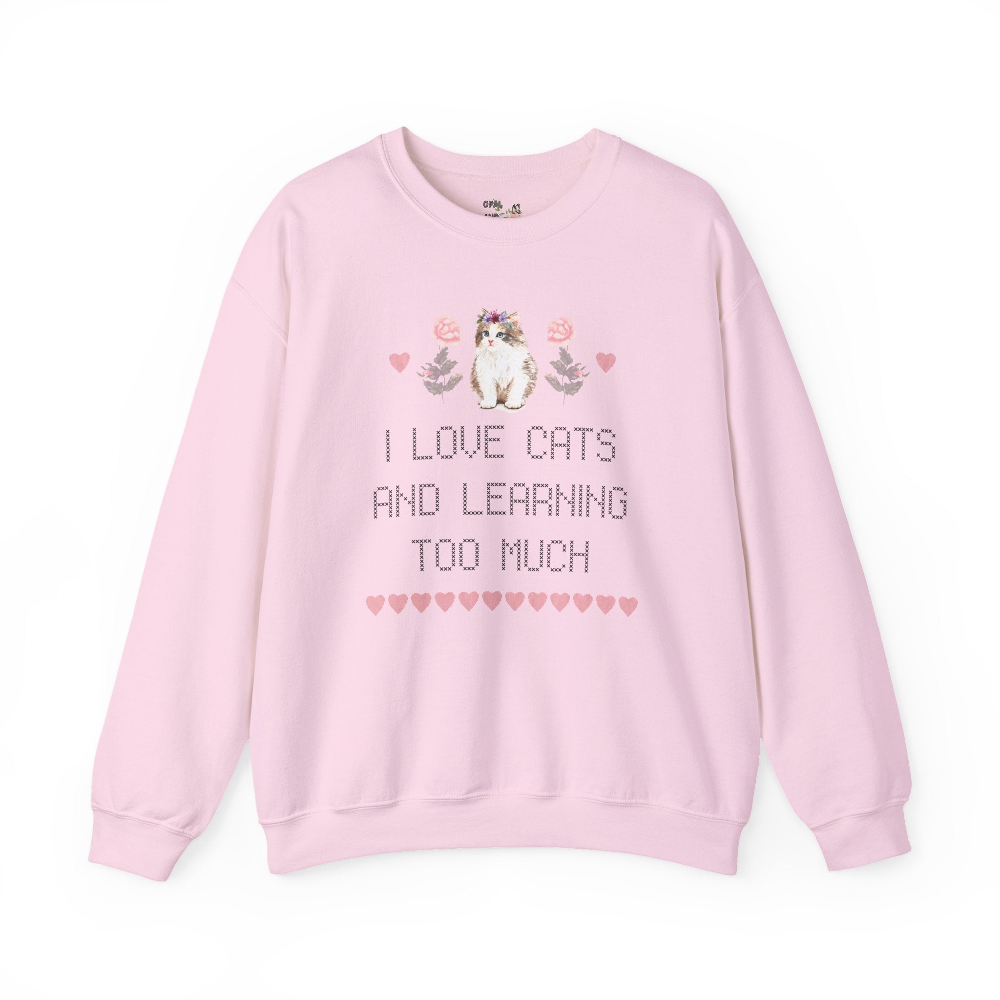 Over-Educated Feminist: Sweatshirt for Under-Loved Millennial Cat Lovers | Cute Women's Rights Sweatshirt, Retro Cross Stitch Style - Opal and June
