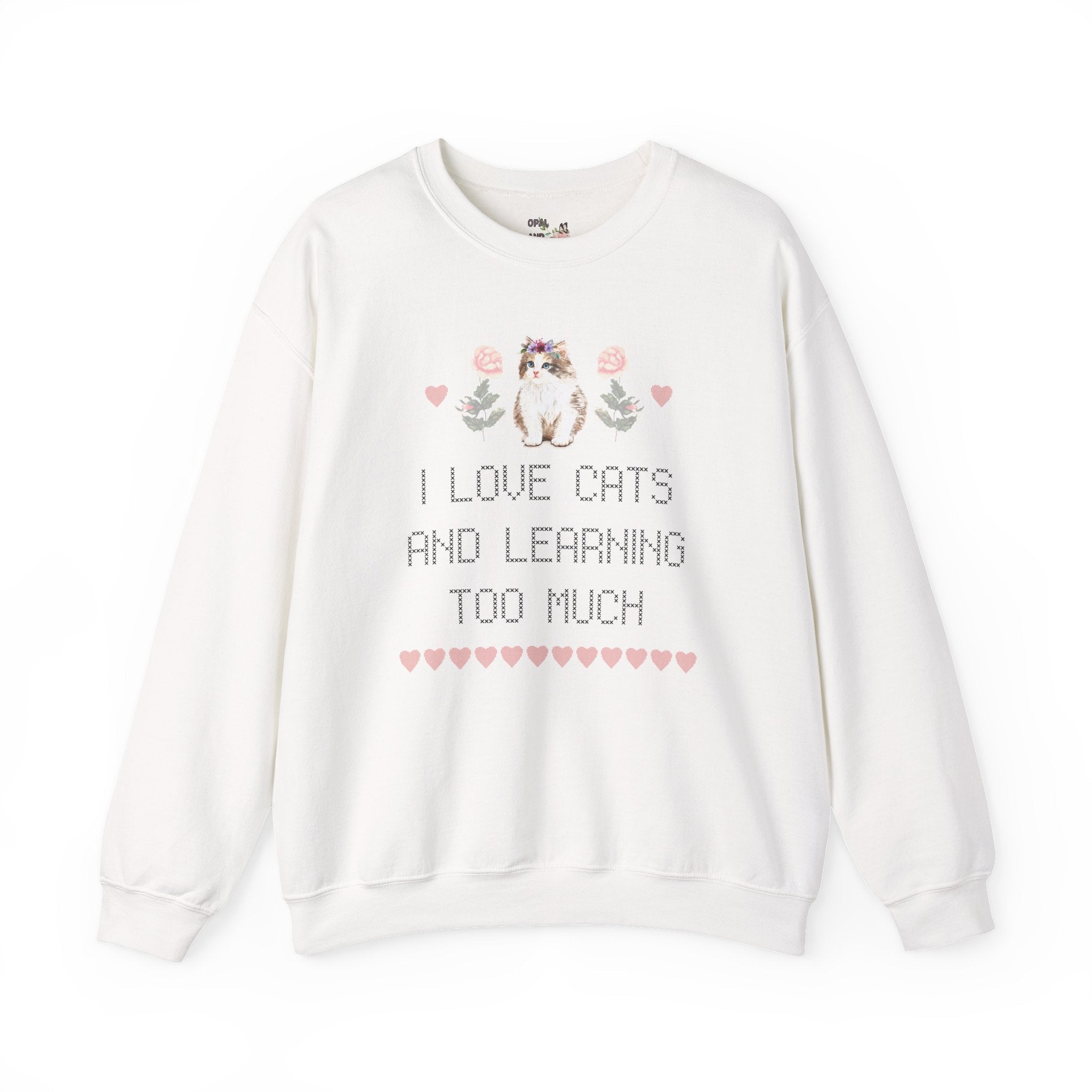 Over-Educated Feminist: Sweatshirt for Under-Loved Millennial Cat Lovers | Cute Women's Rights Sweatshirt, Retro Cross Stitch Style - Opal and June