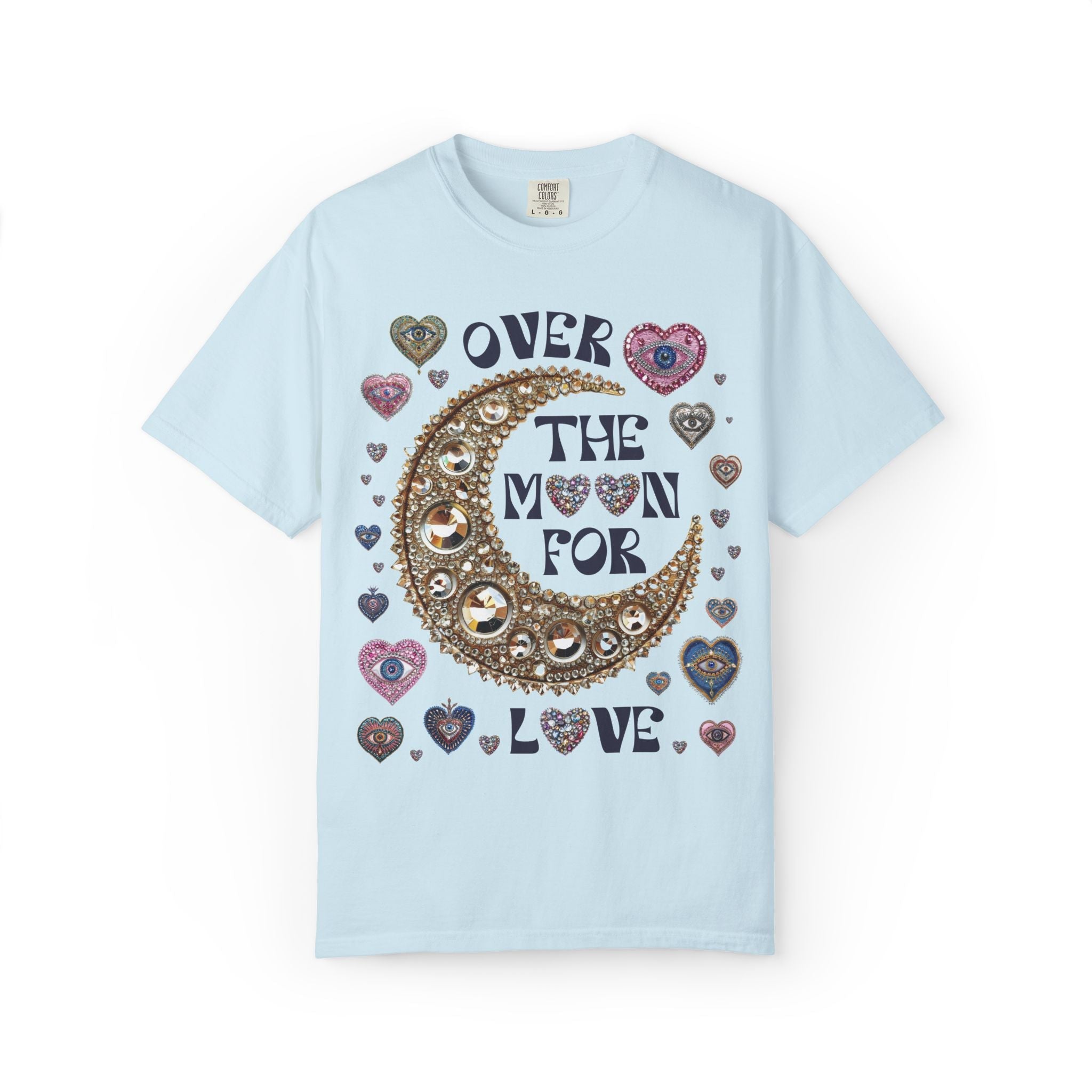 Over the Moon for Love: Silly and Nostalgiic Bachelorette Tee Shirt, Funny Newly Engaged Bride Shirt, Kitschy Celestial Magic Maximalist Tee - Opal and June