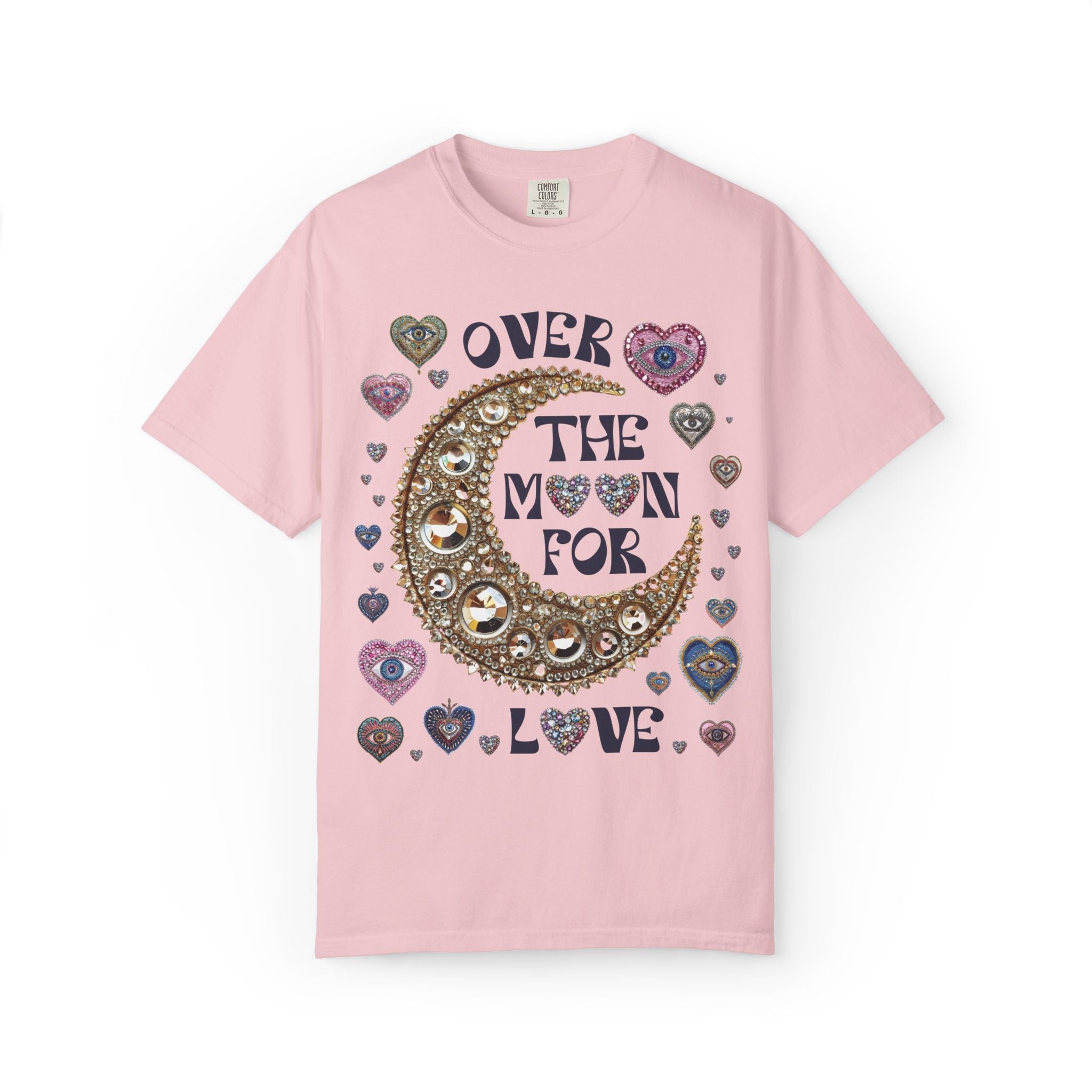 Over the Moon for Love: Silly and Nostalgiic Bachelorette Tee Shirt, Funny Newly Engaged Bride Shirt, Kitschy Celestial Magic Maximalist Tee - Opal and June
