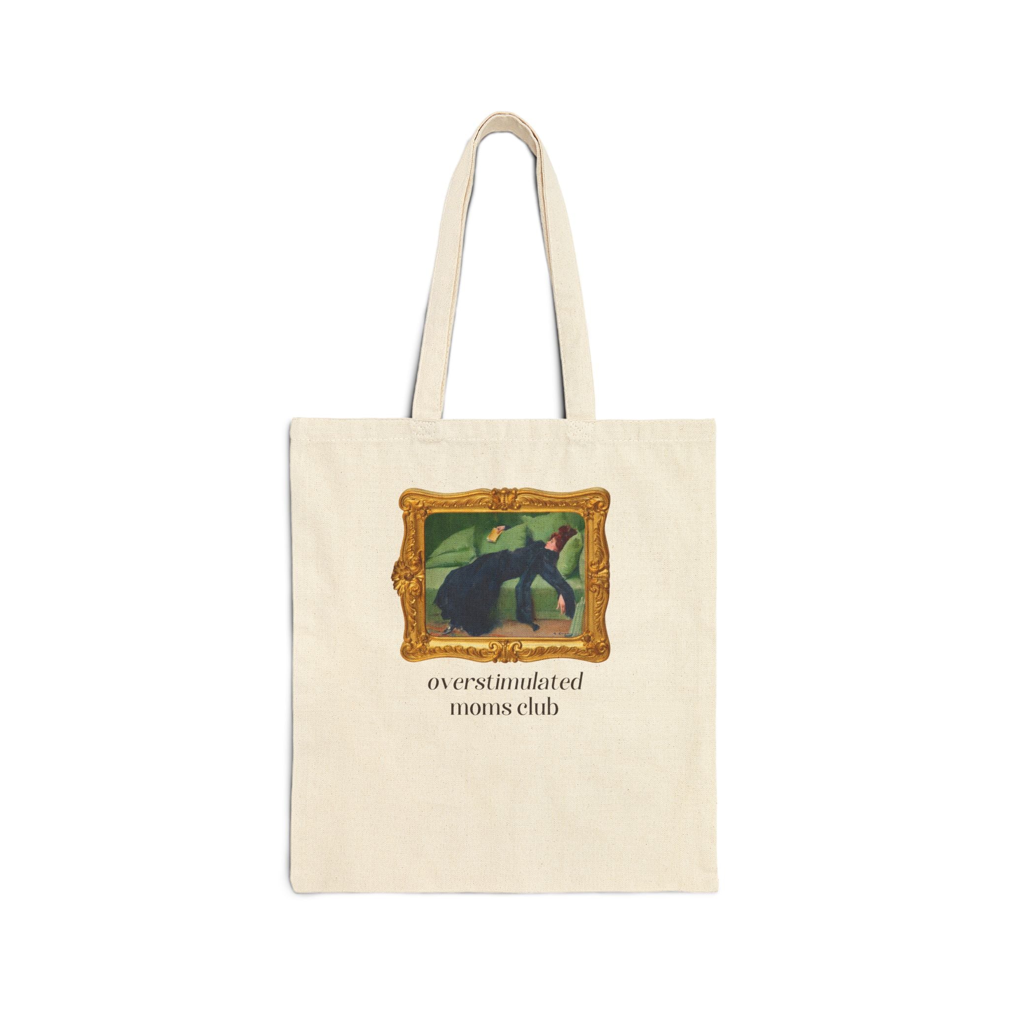 Overstimulated Moms Club Tote Bag: Funny Saying Mother's Day Gift, New Mama or Mom of Twins Tote, Cute Bookish Gift, Ramon Casas Painting - Opal and June