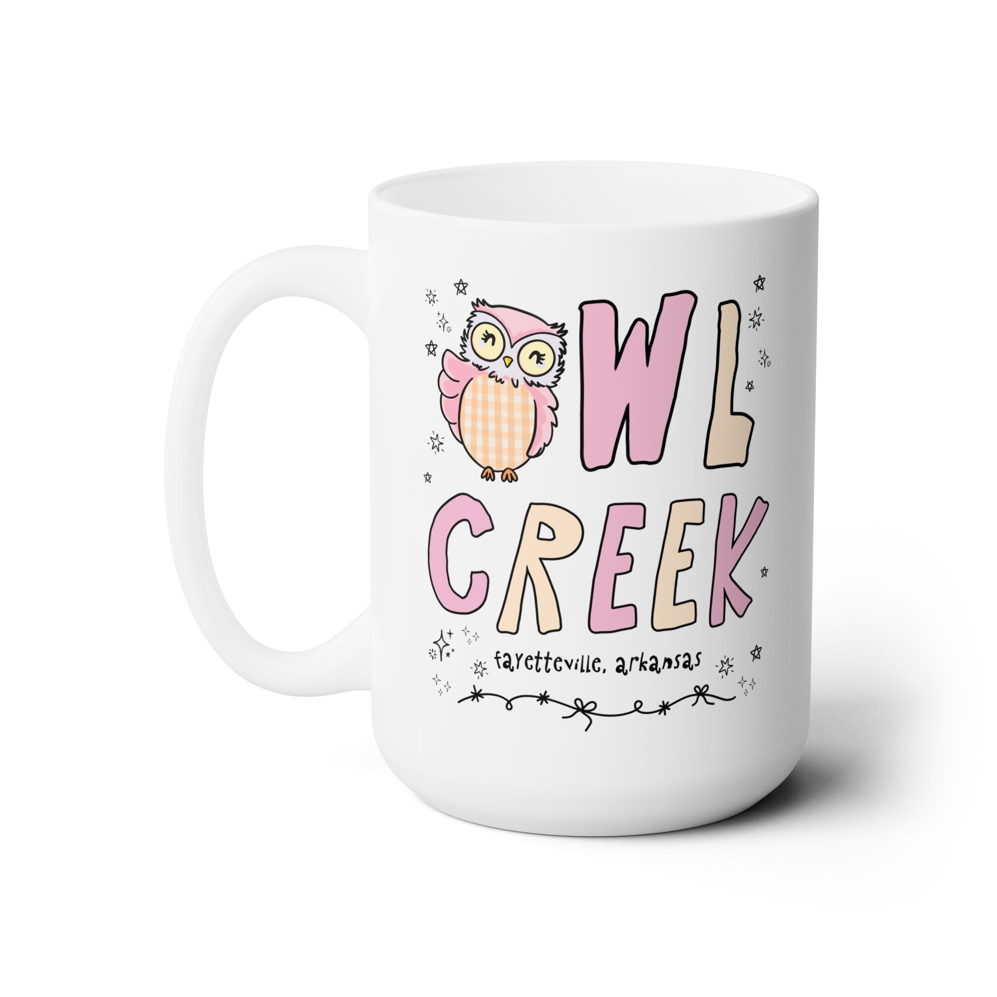Owl Creek 15 Oz Coffee Mug: Pink and Beige Letters - Opal and June