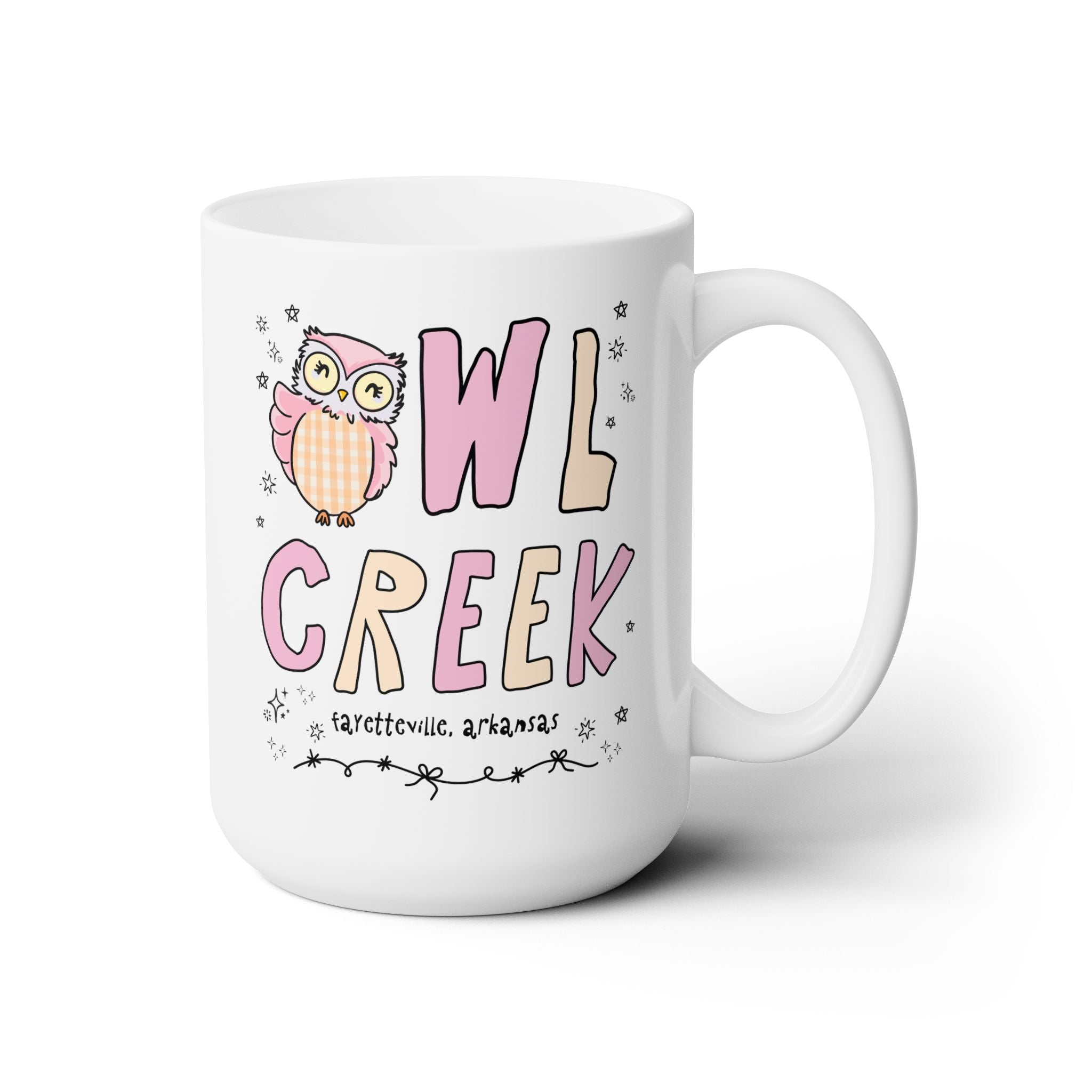 Owl Creek 15 Oz Coffee Mug: Pink and Beige Letters - Opal and June