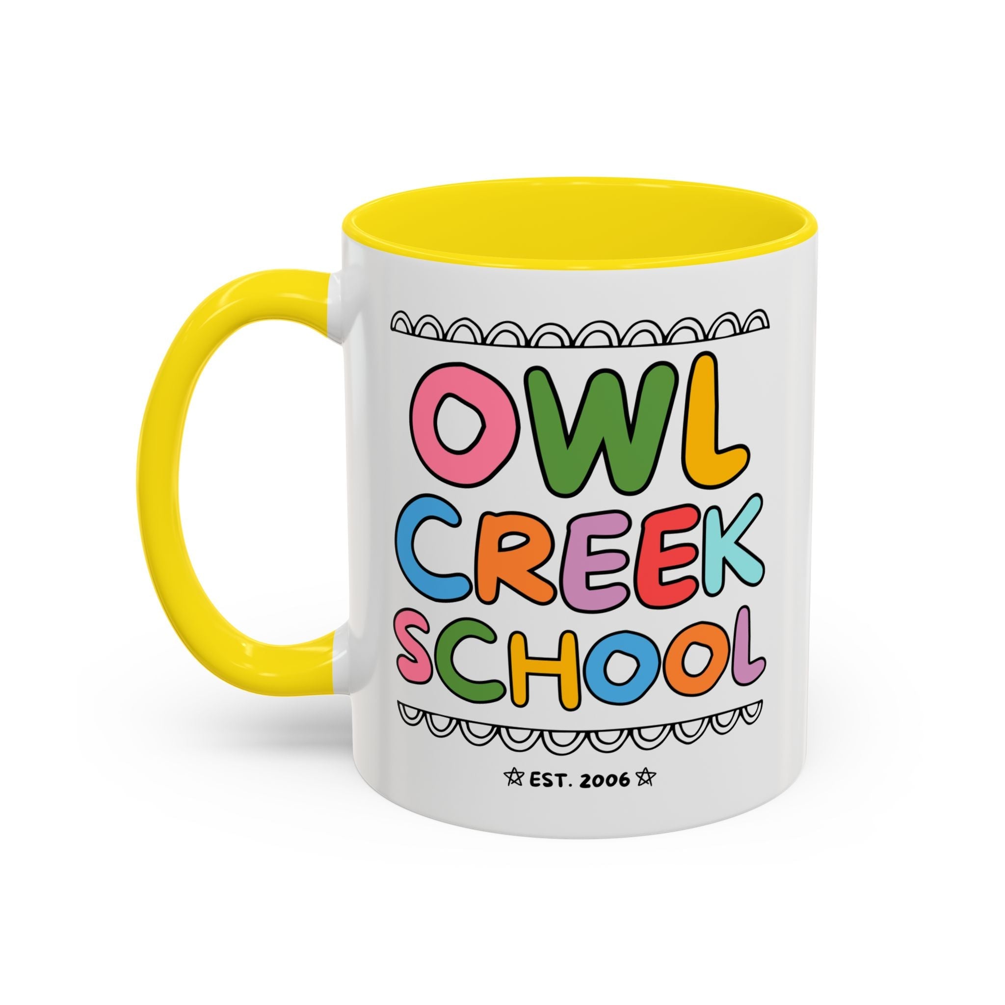 Owl Creek Elementary School 11 Oz Coffee Mug: Rainbow Letters - Opal and June