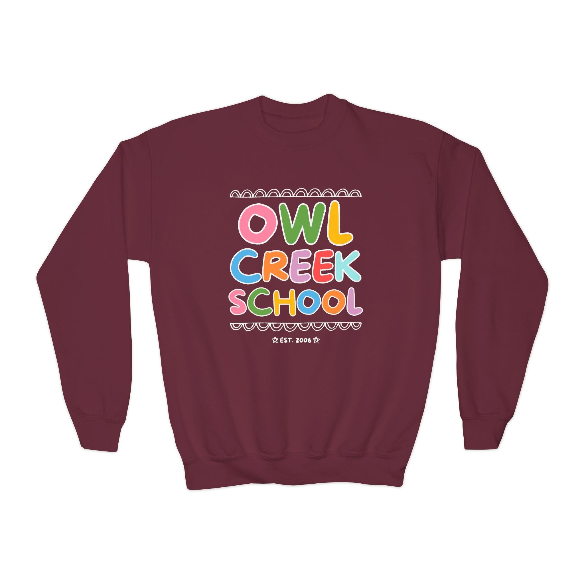 Owl Creek Elementary School Kids Sweatshirt: Rainbow Letters - Opal and June