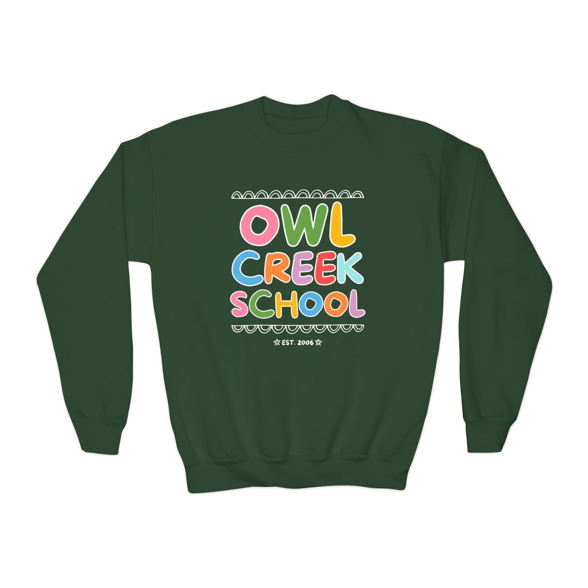 Owl Creek Elementary School Kids Sweatshirt: Rainbow Letters - Opal and June