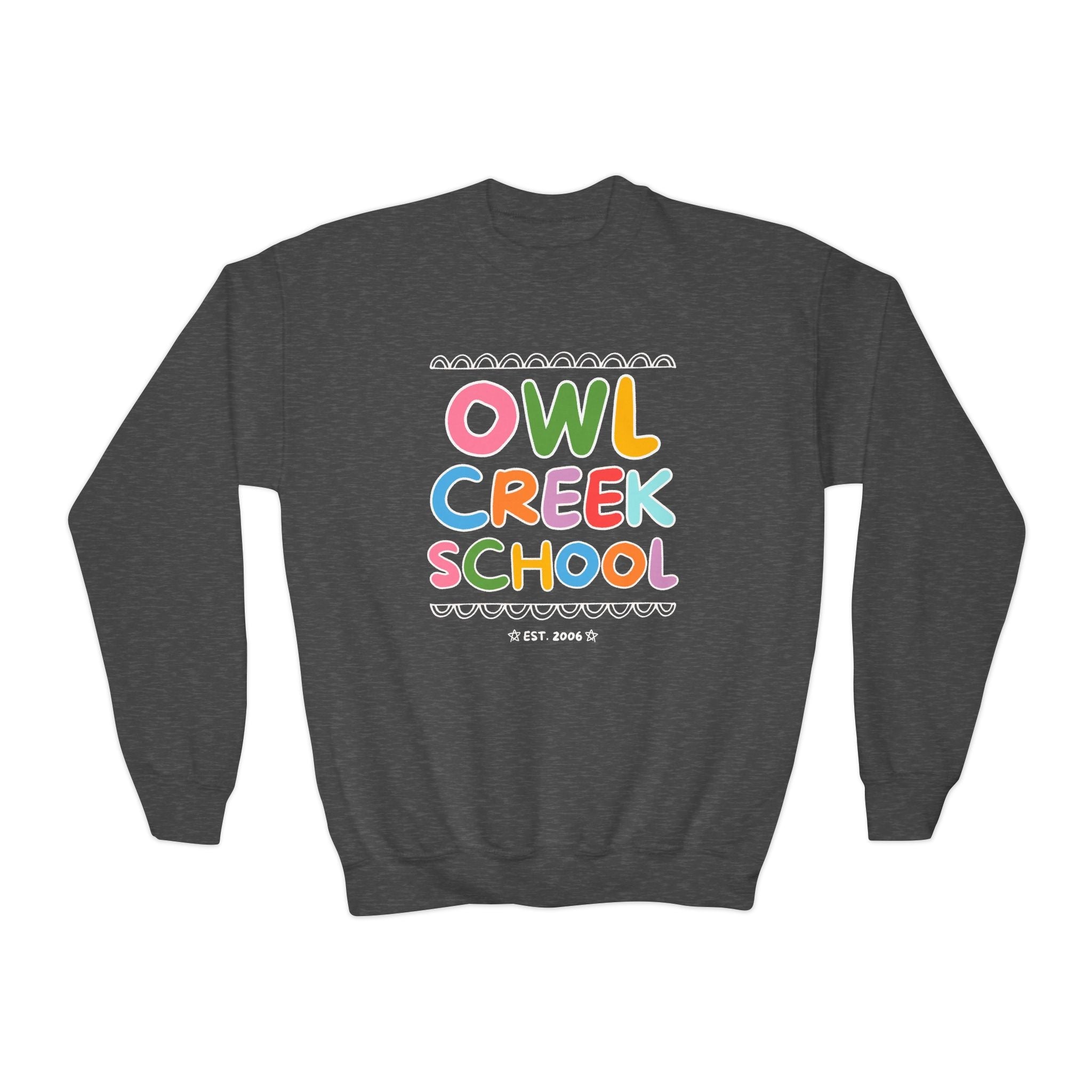 Owl Creek Elementary School Kids Sweatshirt: Rainbow Letters - Opal and June