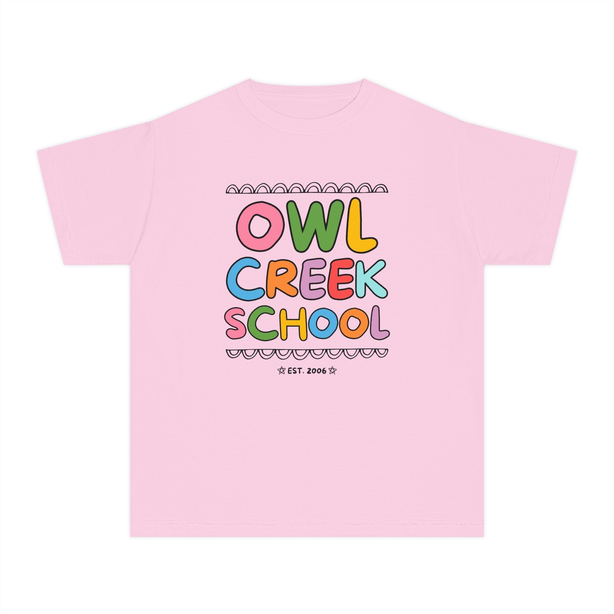 Owl Creek Elementary School Kids Tee Shirt: Rainbow Letters - Opal and June