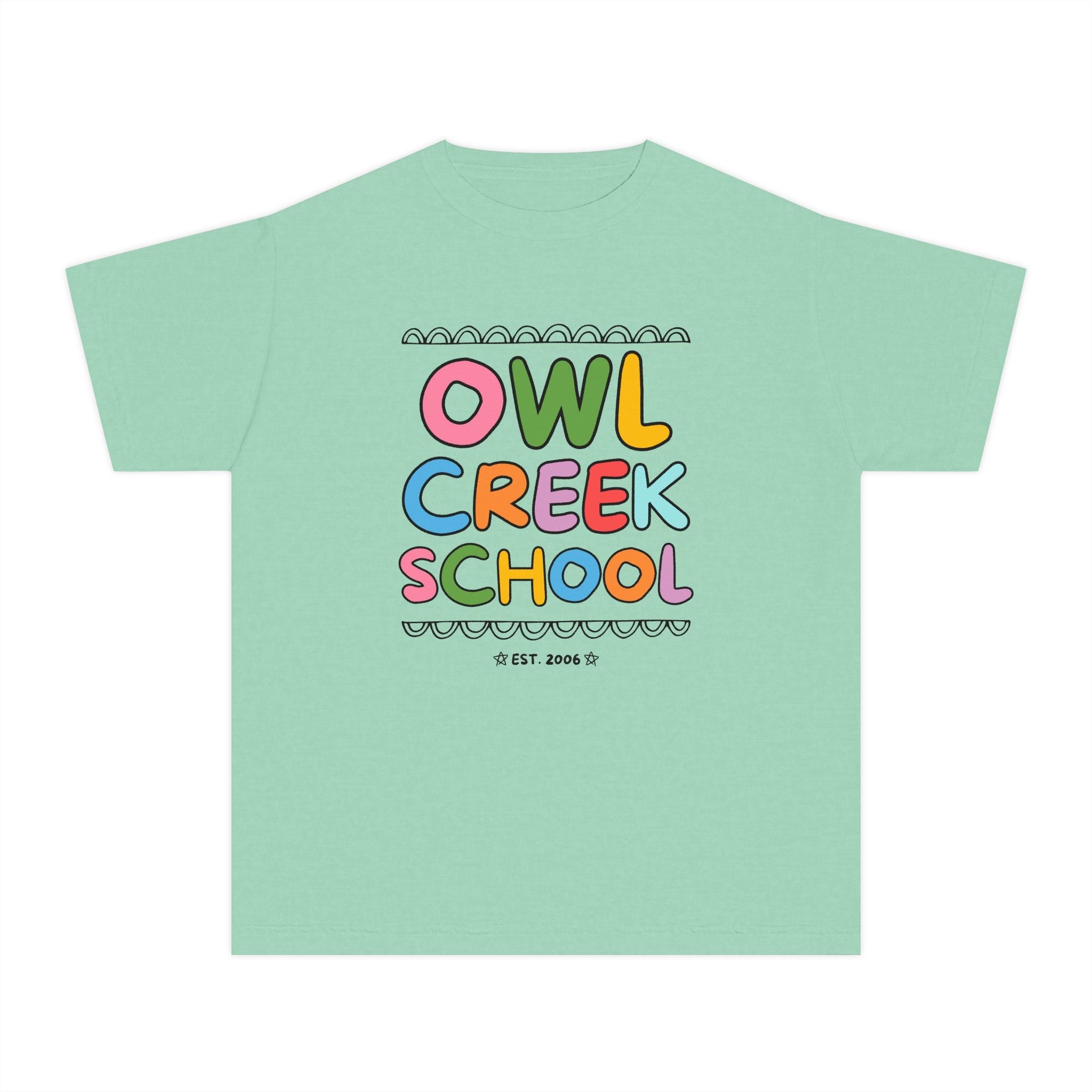 Owl Creek Elementary School Kids Tee Shirt: Rainbow Letters - Opal and June