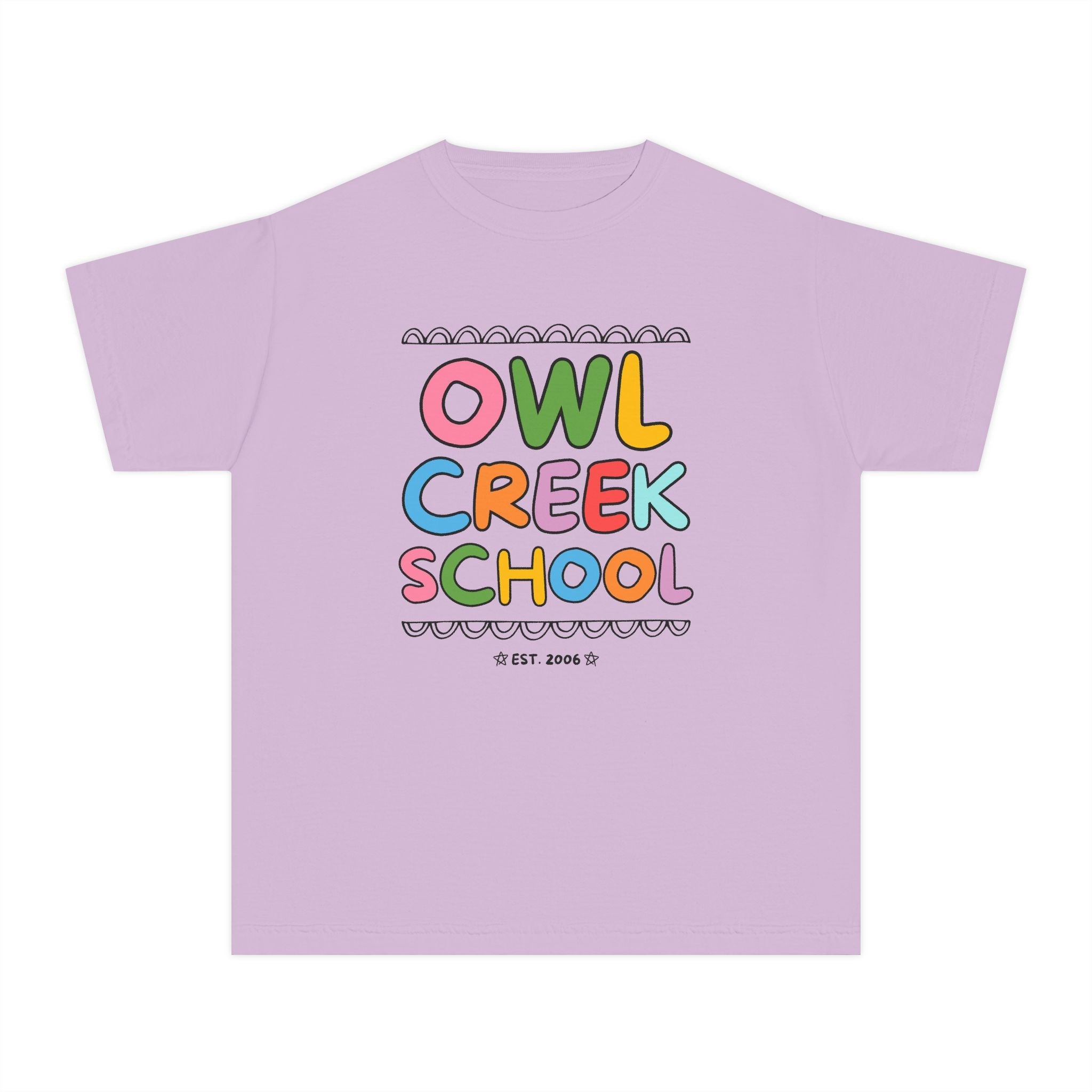 Owl Creek Elementary School Kids Tee Shirt: Rainbow Letters - Opal and June