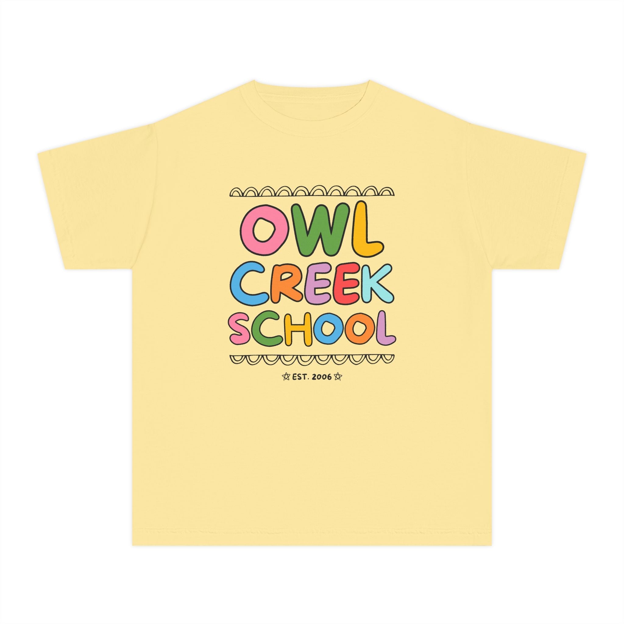 Owl Creek Elementary School Kids Tee Shirt: Rainbow Letters - Opal and June