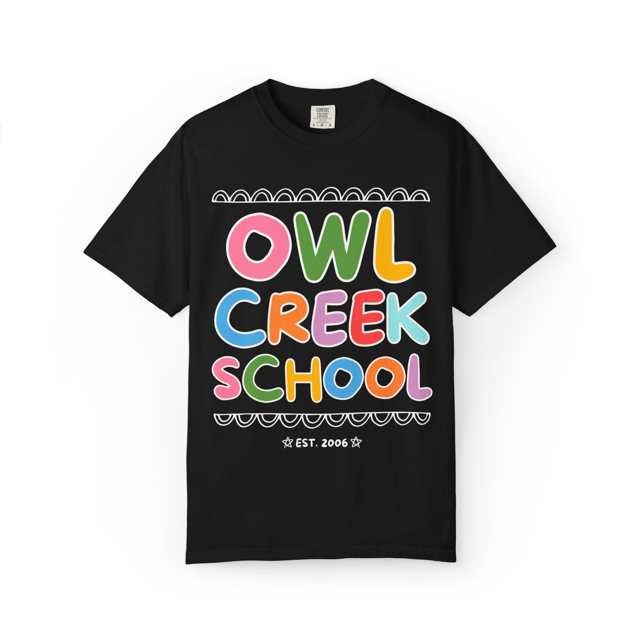Owl Creek Elementary School Tee Shirt: Rainbow Letters - Opal and June